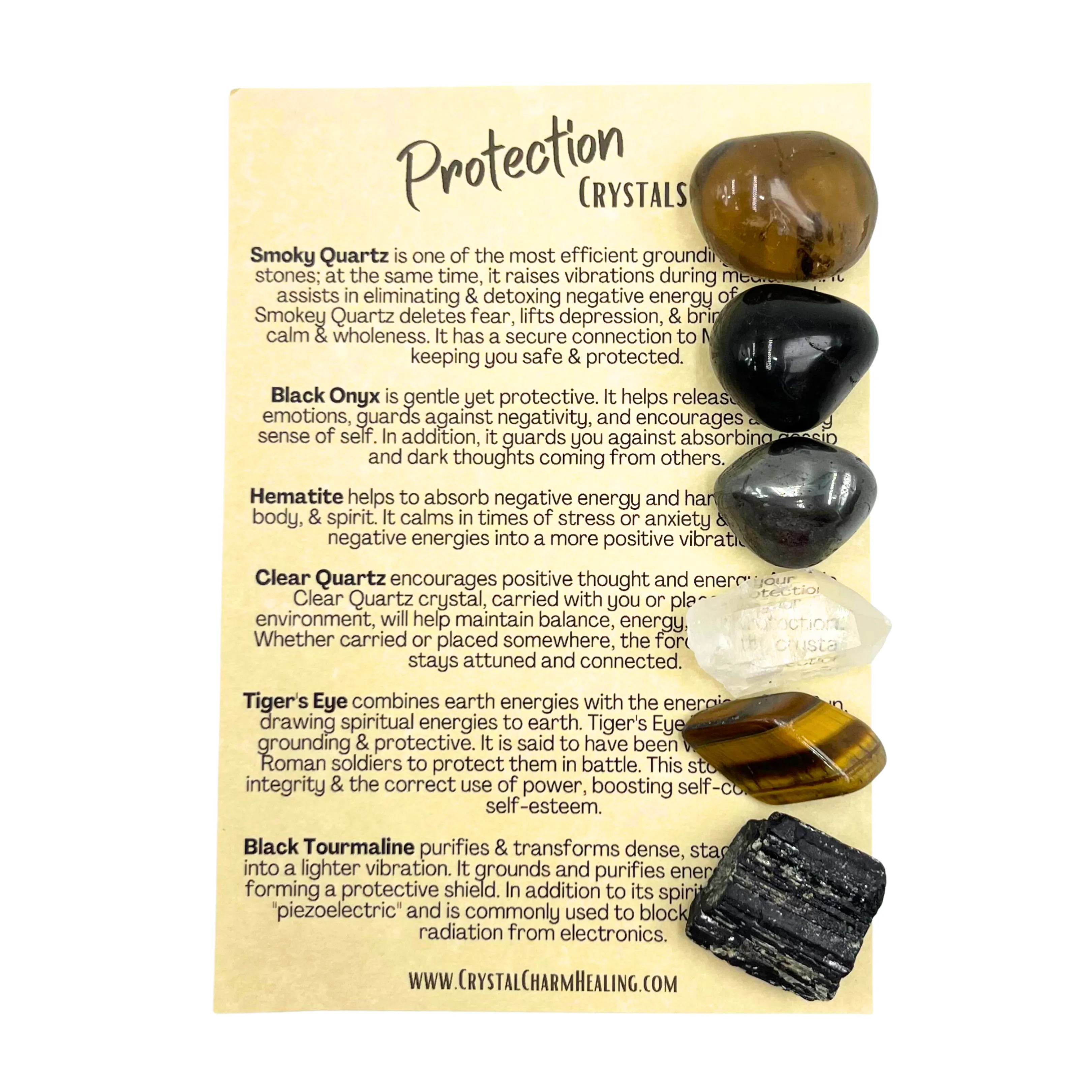 Protection 6-Crystals | Healing Stones Gift Set for Shielding & Protection | Smoky Quartz, Black Onyx, Hematite, Clear Quartz, Tiger's Eye, & Black Tourmaline