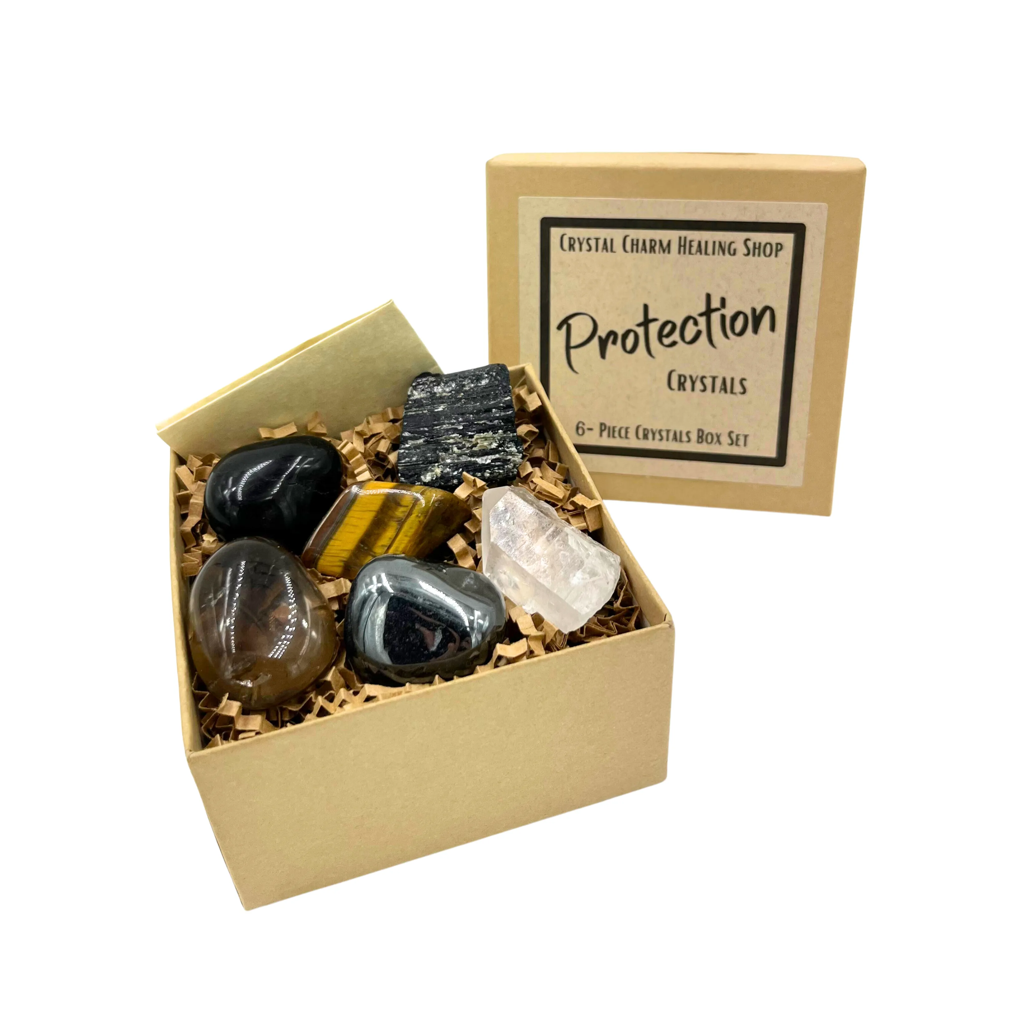 Protection 6-Crystals | Healing Stones Gift Set for Shielding & Protection | Smoky Quartz, Black Onyx, Hematite, Clear Quartz, Tiger's Eye, & Black Tourmaline