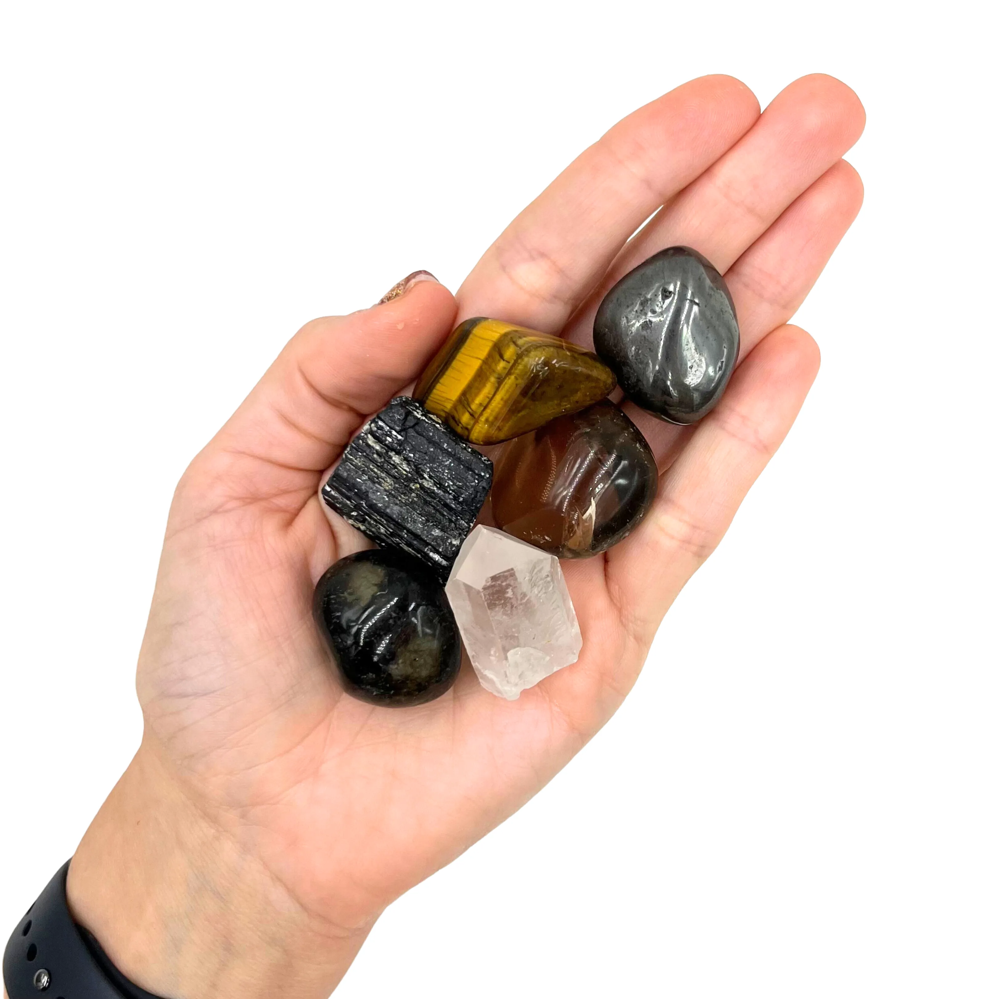 Protection 6-Crystals | Healing Stones Gift Set for Shielding & Protection | Smoky Quartz, Black Onyx, Hematite, Clear Quartz, Tiger's Eye, & Black Tourmaline