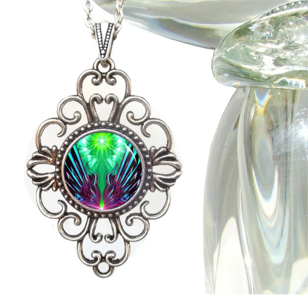Psychedelic Art Necklace, Green and Purple Energy Jewelry, Abstract Artwork