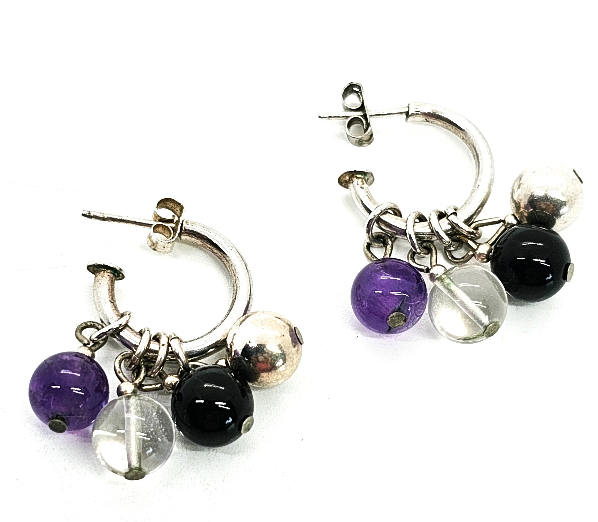 Purple and Black Gemstone beaded vintage sterling silver hoop earrings