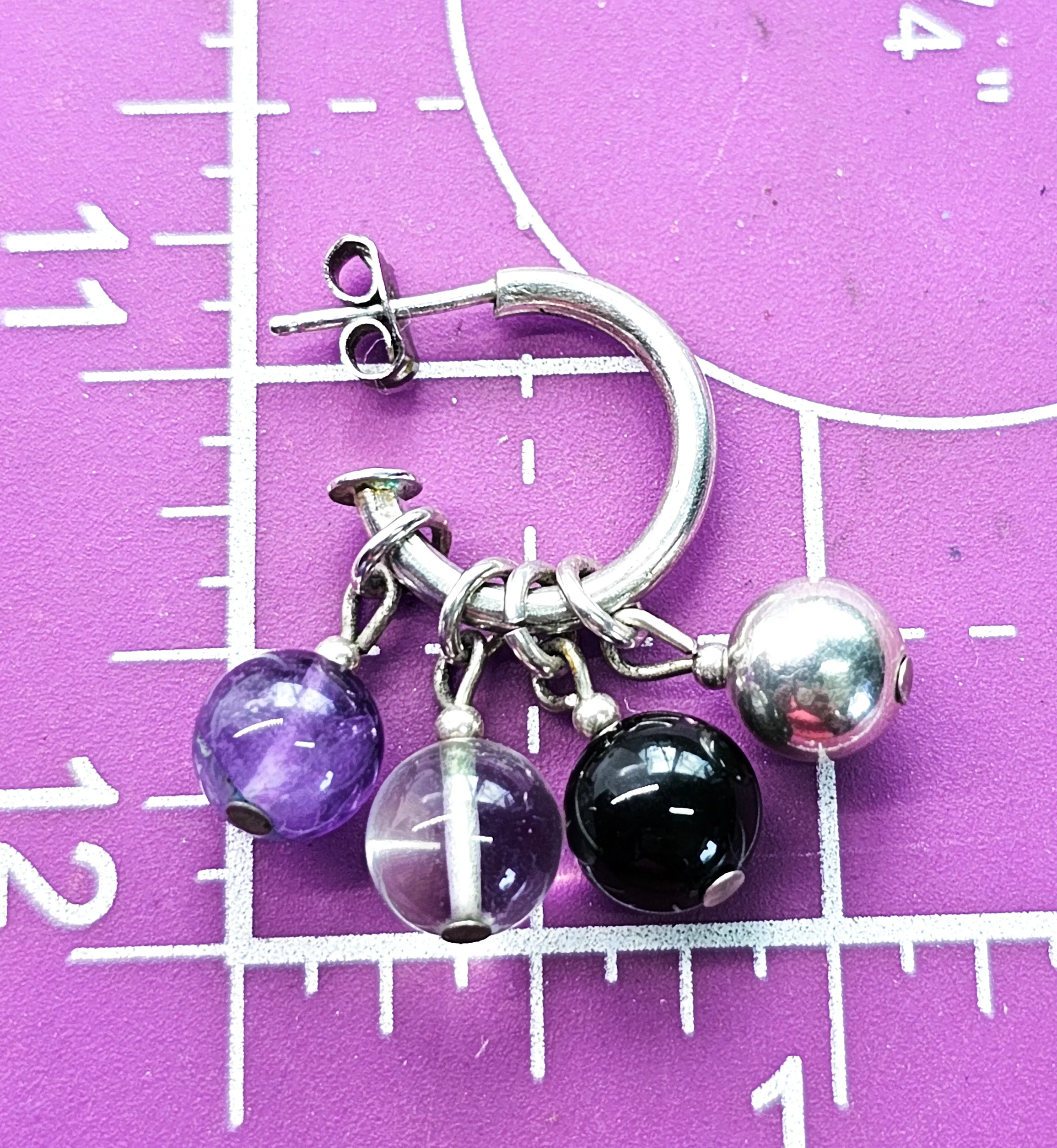 Purple and Black Gemstone beaded vintage sterling silver hoop earrings