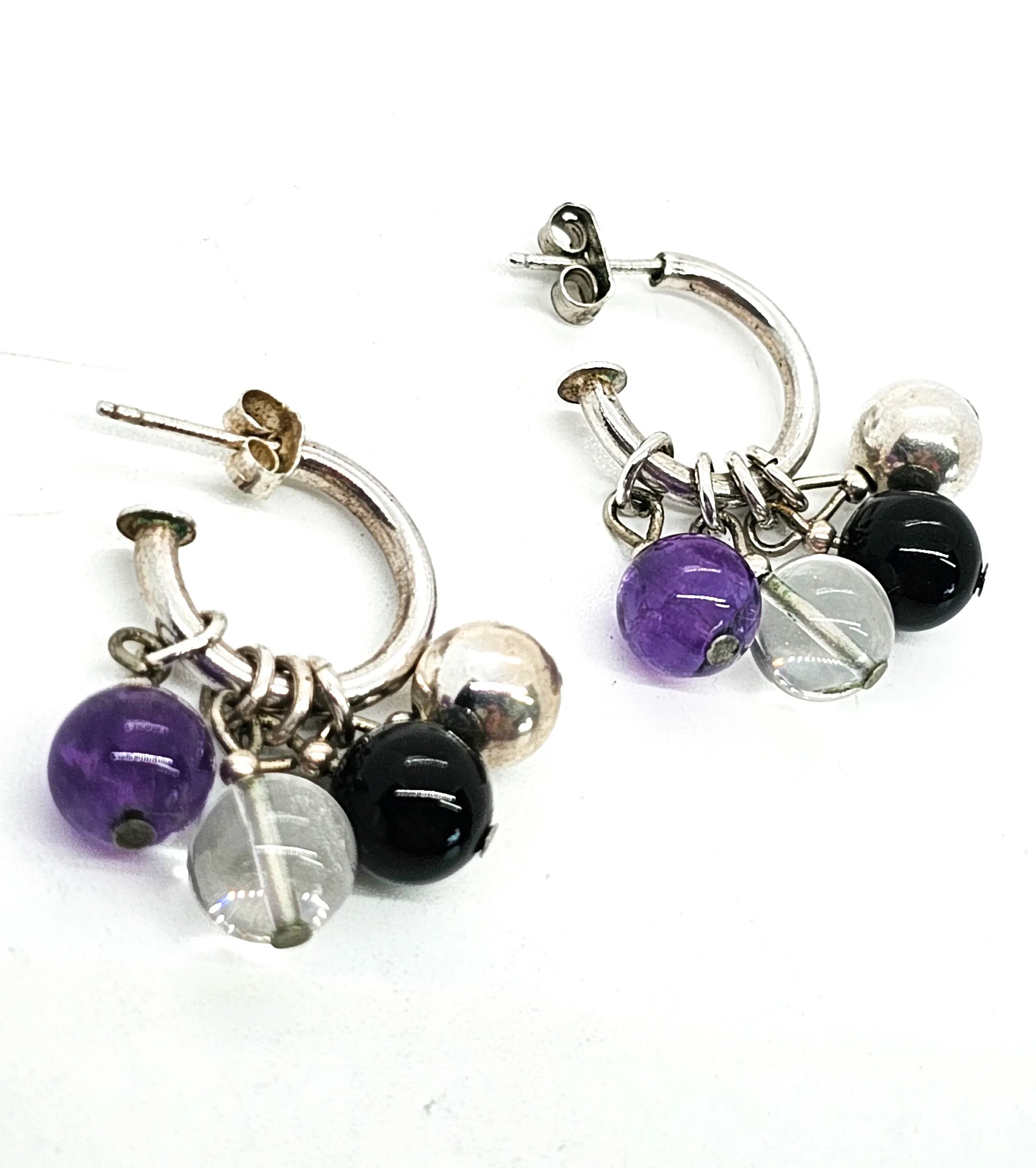 Purple and Black Gemstone beaded vintage sterling silver hoop earrings