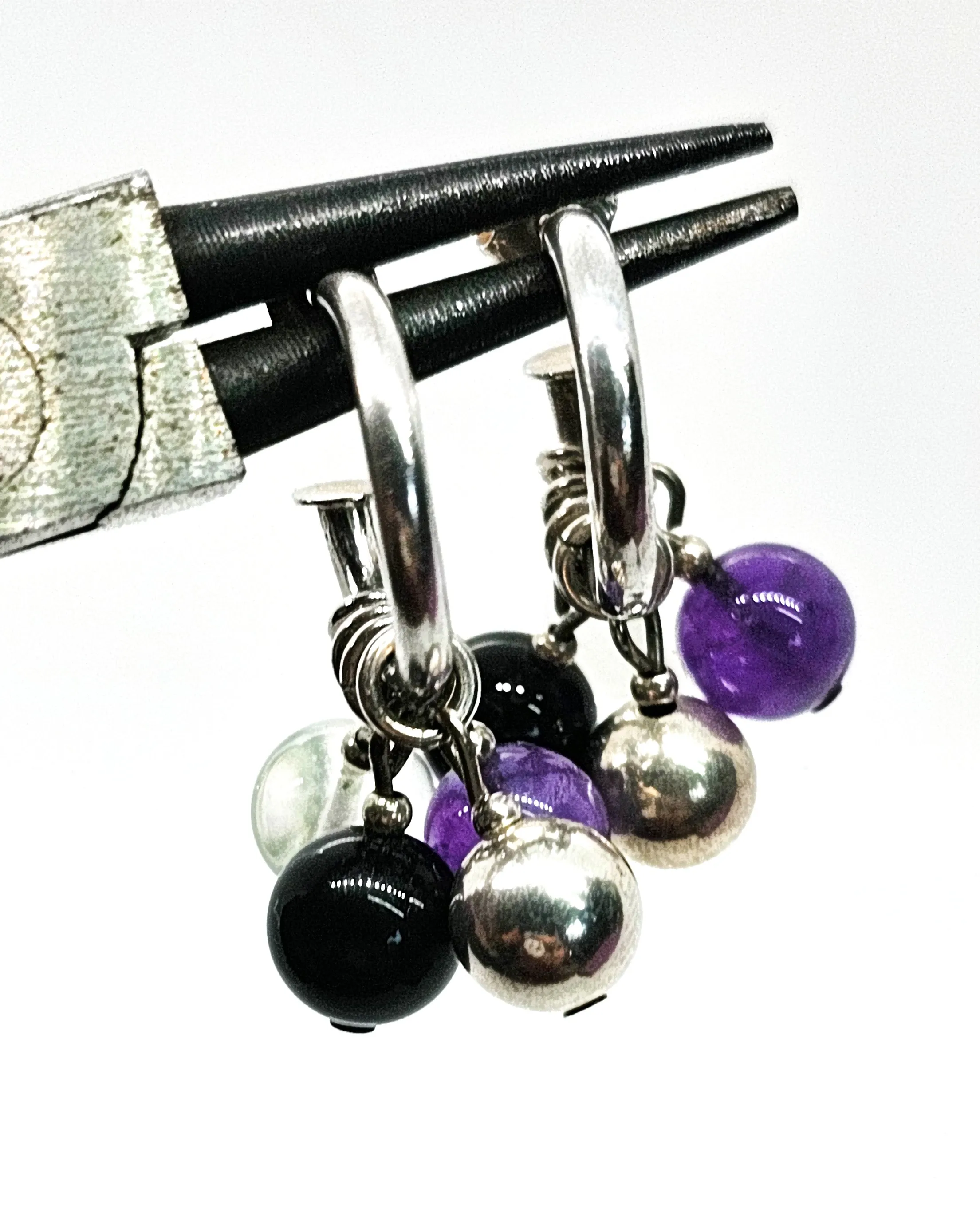 Purple and Black Gemstone beaded vintage sterling silver hoop earrings