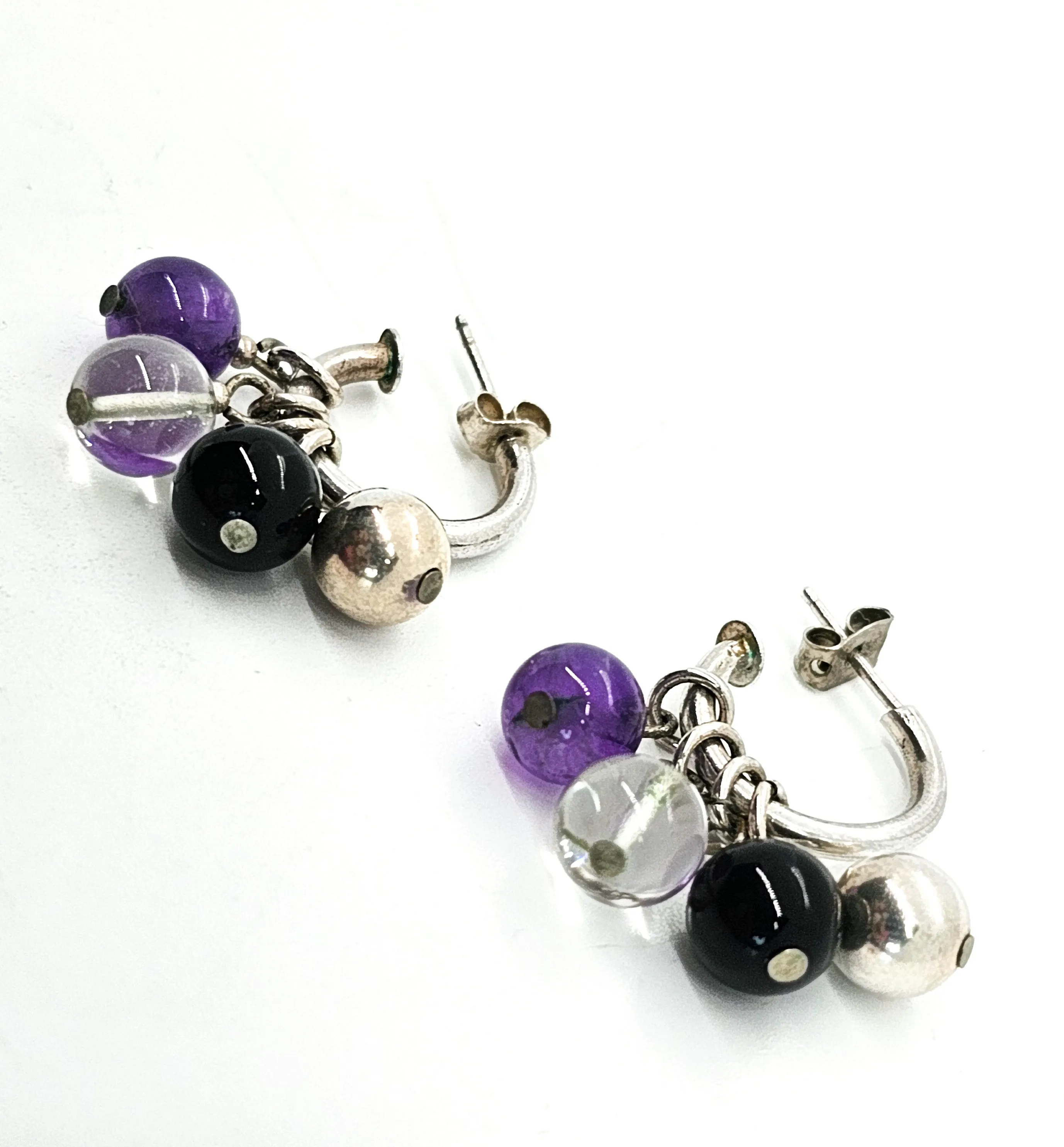 Purple and Black Gemstone beaded vintage sterling silver hoop earrings