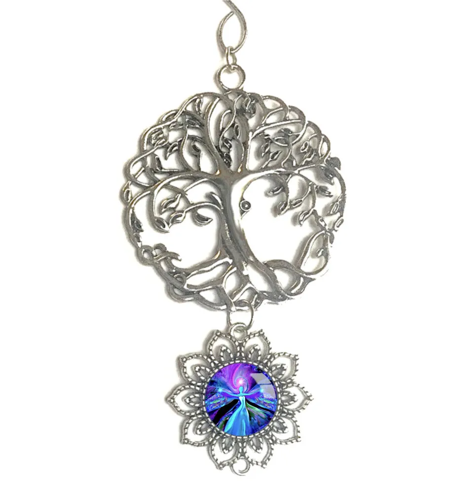 Purple Angel Art Pendant With Tree of Life Ornament, Spiritual Gift with Reiki Energy- "The Seer"