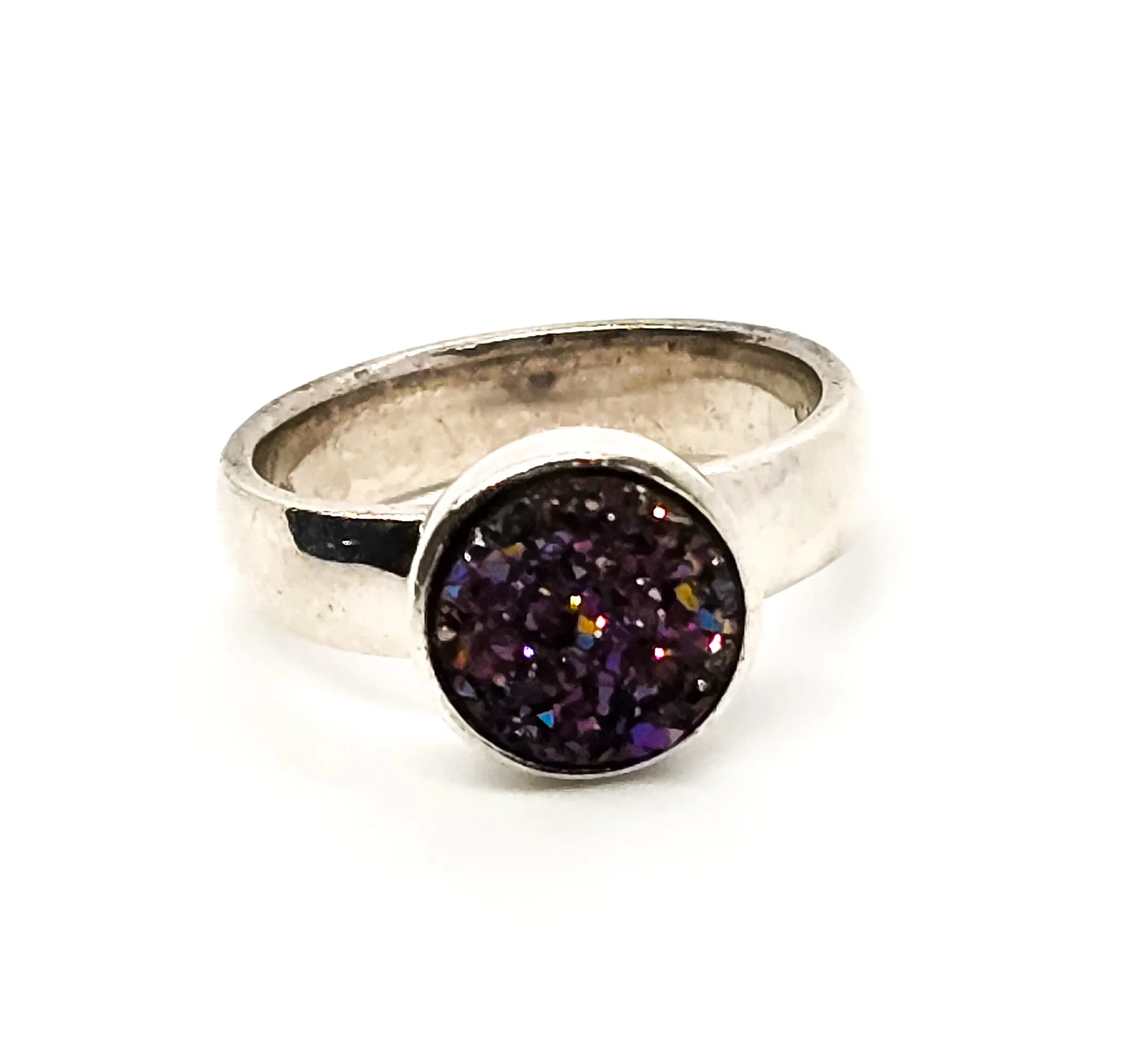 Purple Druzy Titanium Aura Quartz large sterling silver split shank ring size 5