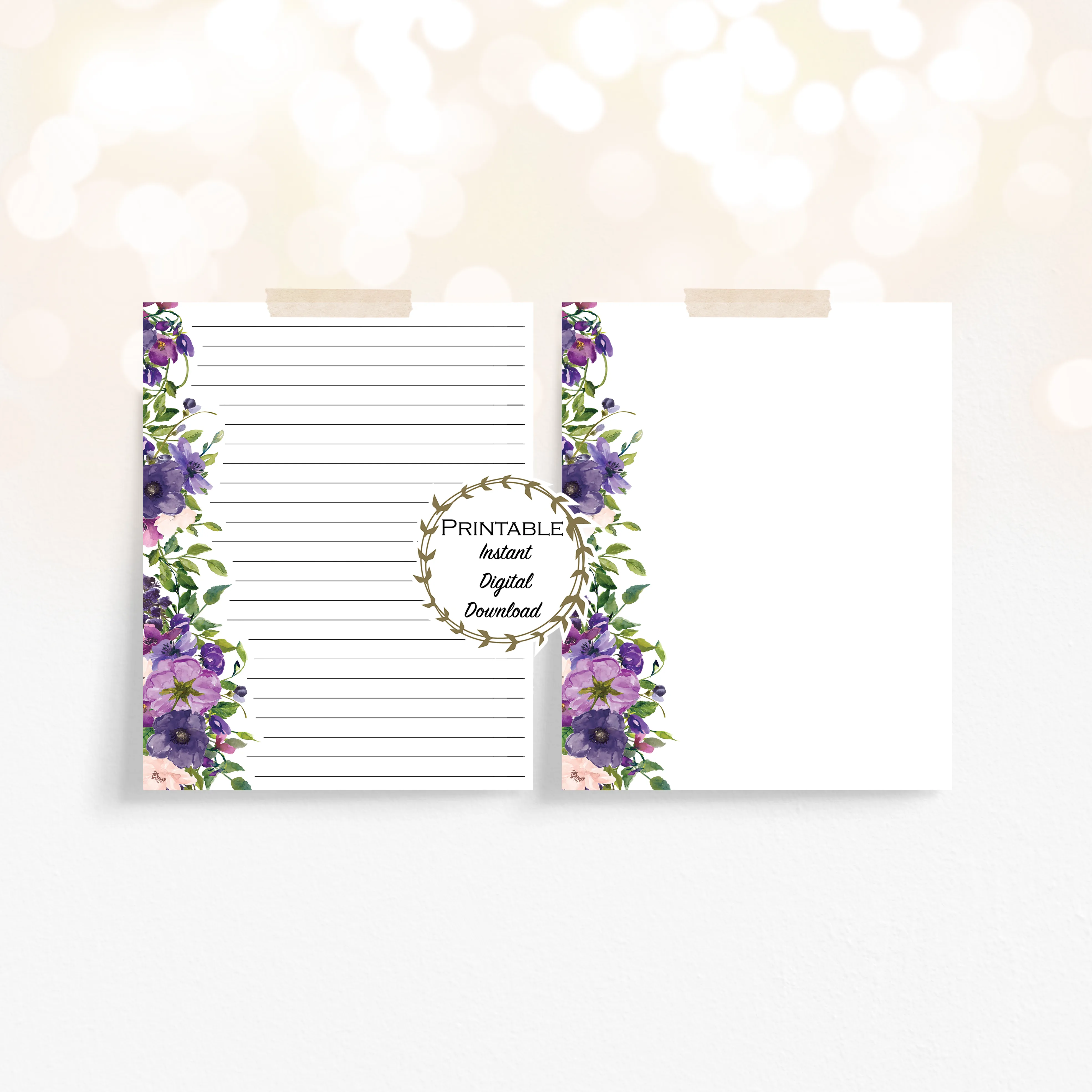 Purple Floral Lined Stationery Printable - Digital Download