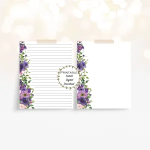 Purple Floral Lined Stationery Printable - Digital Download
