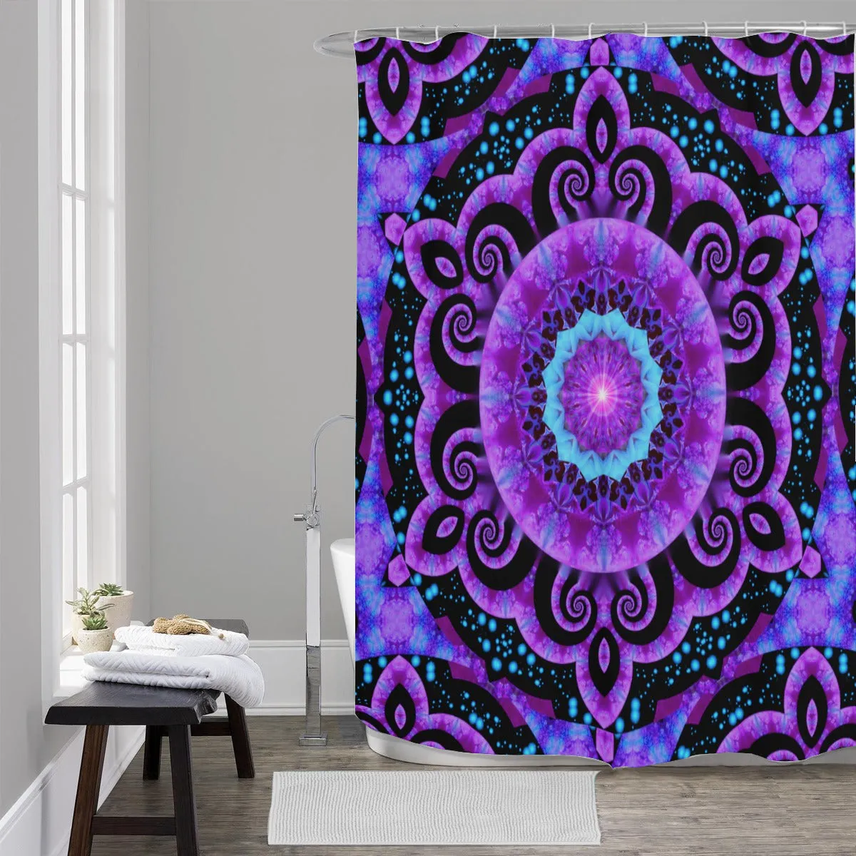 Purple Mandala Shower Curtain, Original Art Bathroom Decor - "Third Eye Spiral"