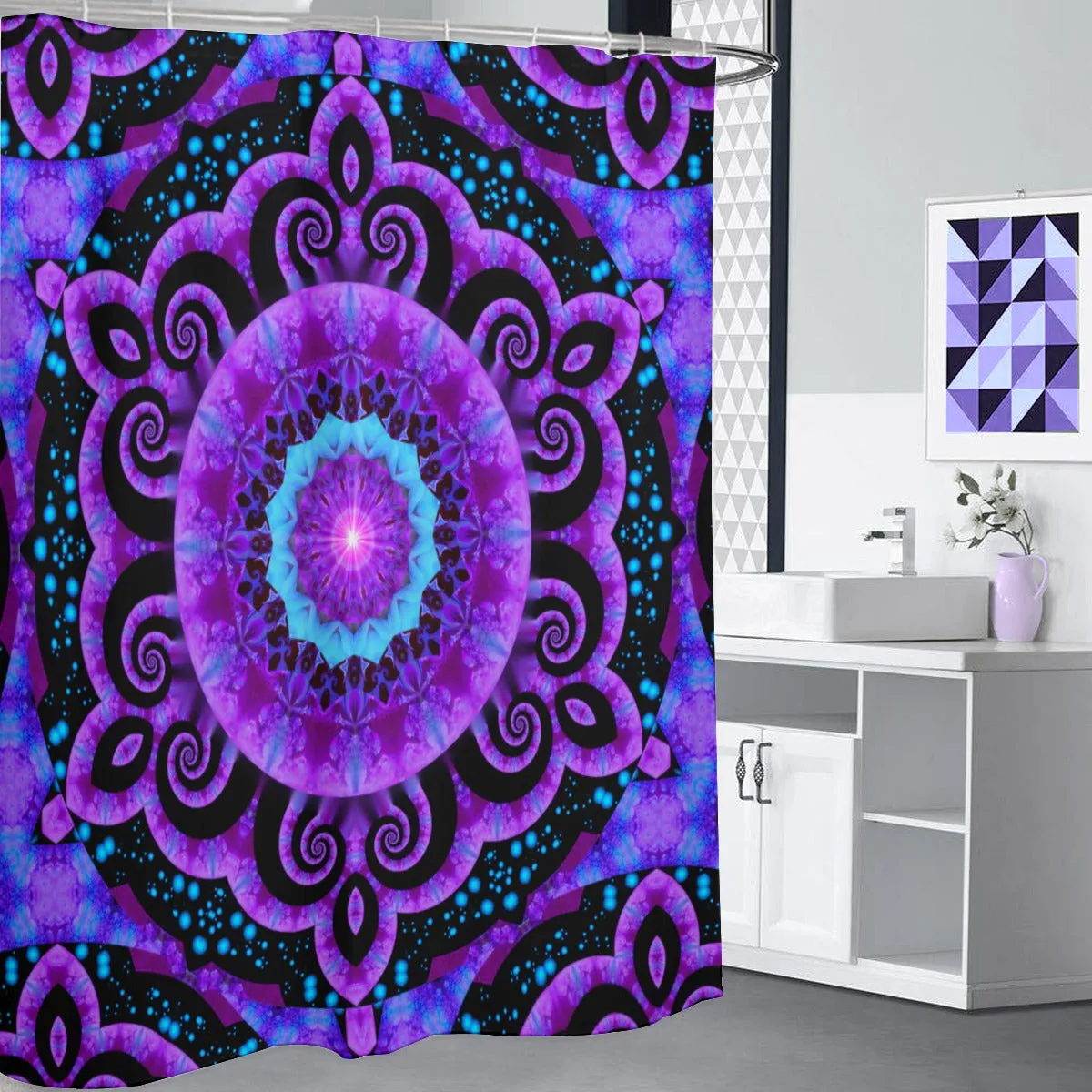 Purple Mandala Shower Curtain, Original Art Bathroom Decor - "Third Eye Spiral"