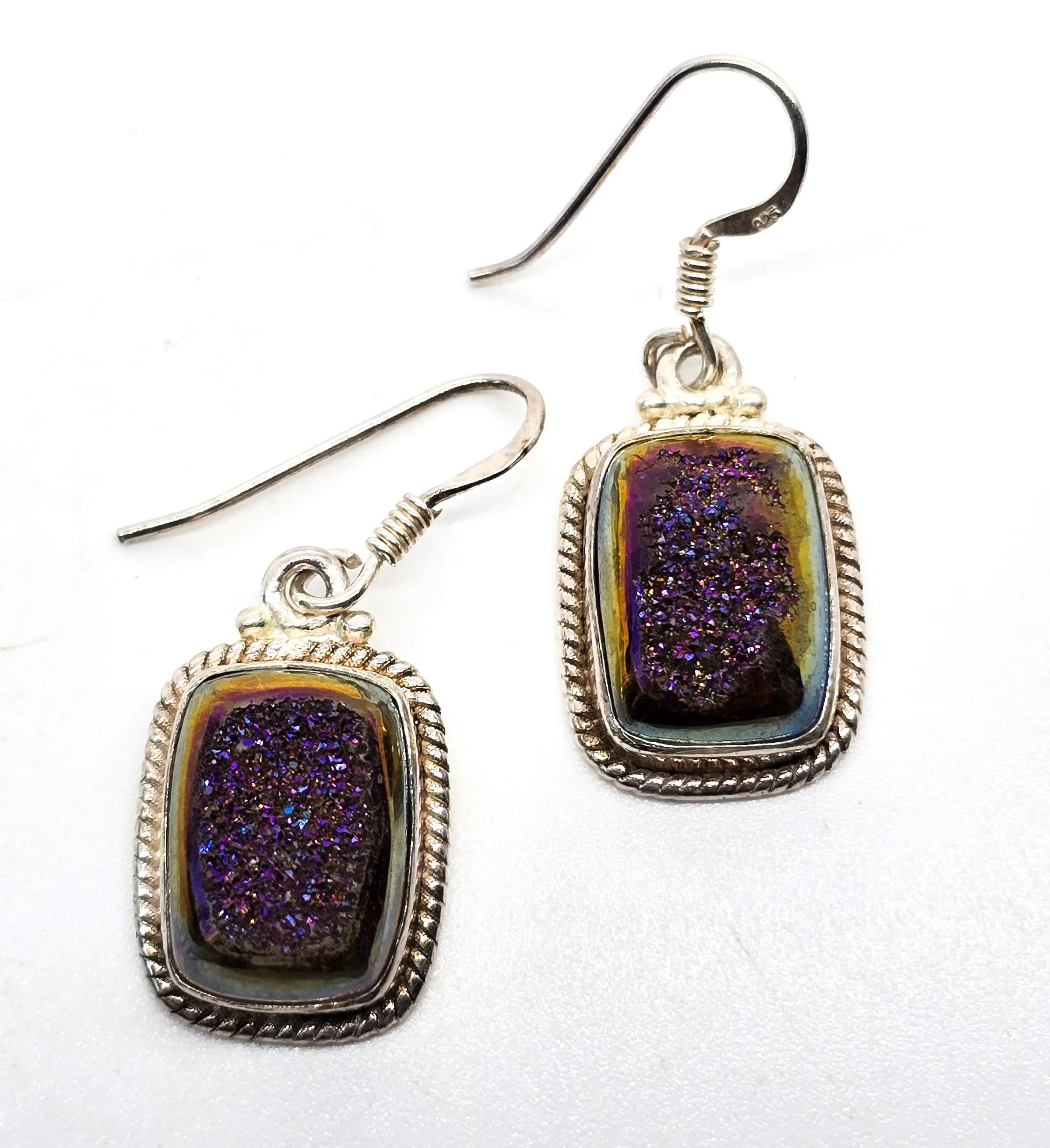 Purple Titanium Aura Druzy quartz gemstone sterling silver drop earrings