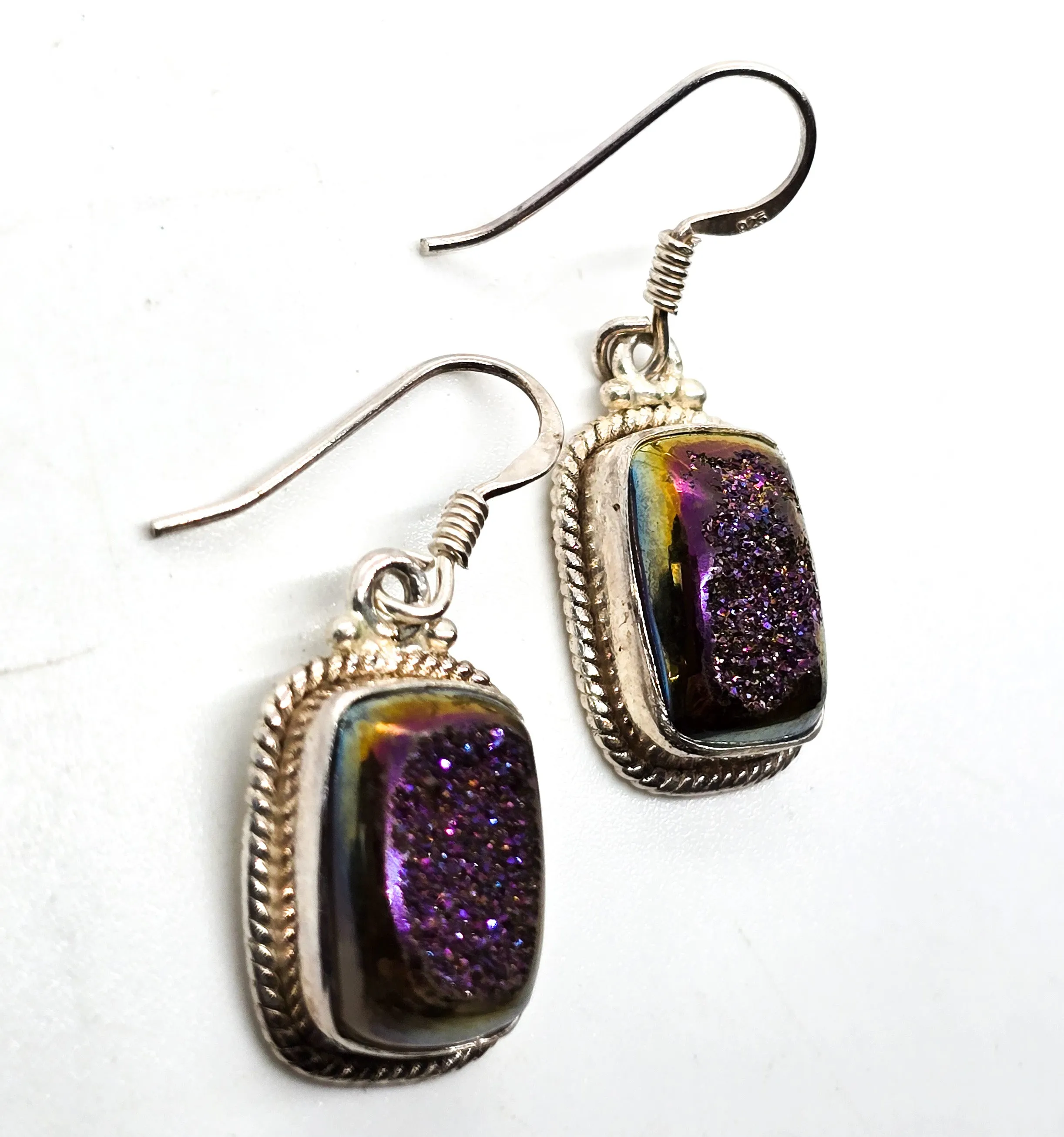 Purple Titanium Aura Druzy quartz gemstone sterling silver drop earrings