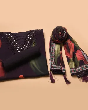 Purplish Black Muslin Blend Colorful Digital Printed With Embroidery Unstitched Suit Fabric Set With Muslin Printed Dupatta