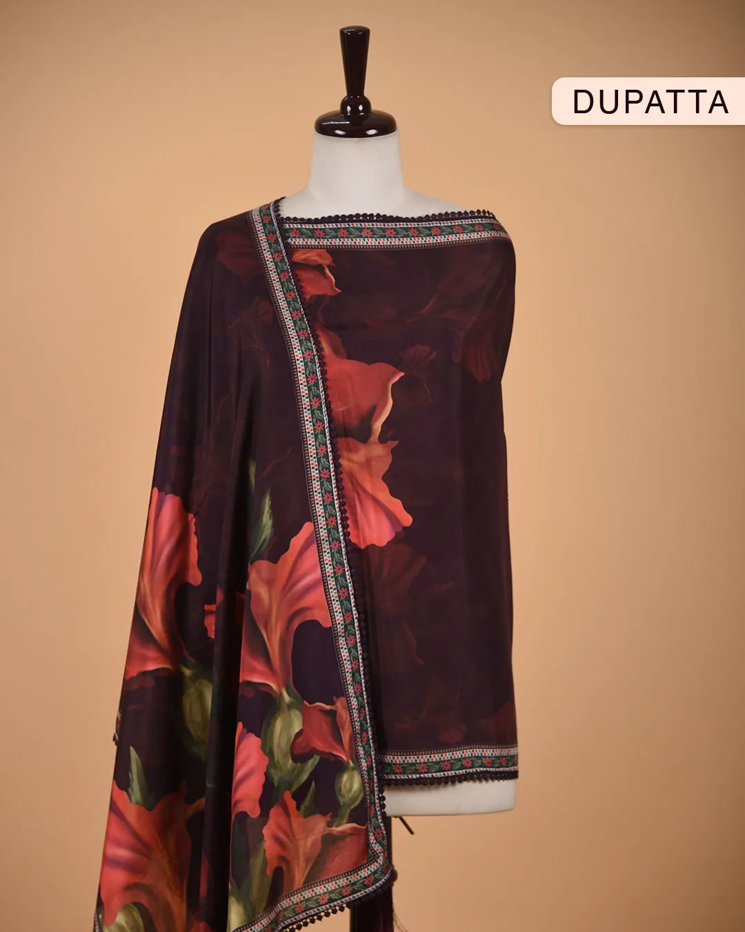 Purplish Black Muslin Blend Colorful Digital Printed With Embroidery Unstitched Suit Fabric Set With Muslin Printed Dupatta