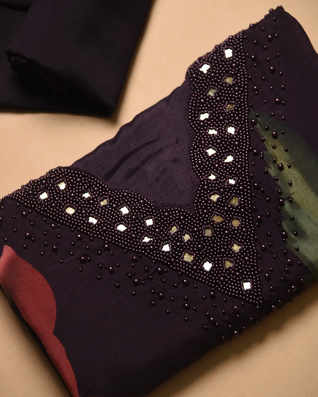 Purplish Black Muslin Blend Colorful Digital Printed With Embroidery Unstitched Suit Fabric Set With Muslin Printed Dupatta