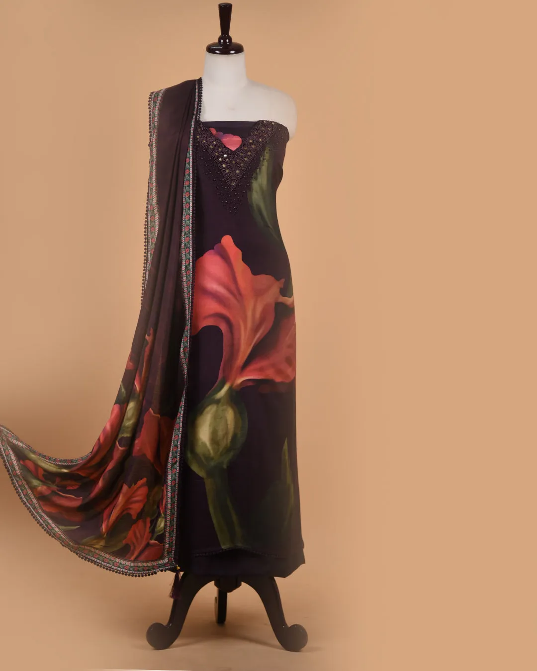Purplish Black Muslin Blend Colorful Digital Printed With Embroidery Unstitched Suit Fabric Set With Muslin Printed Dupatta