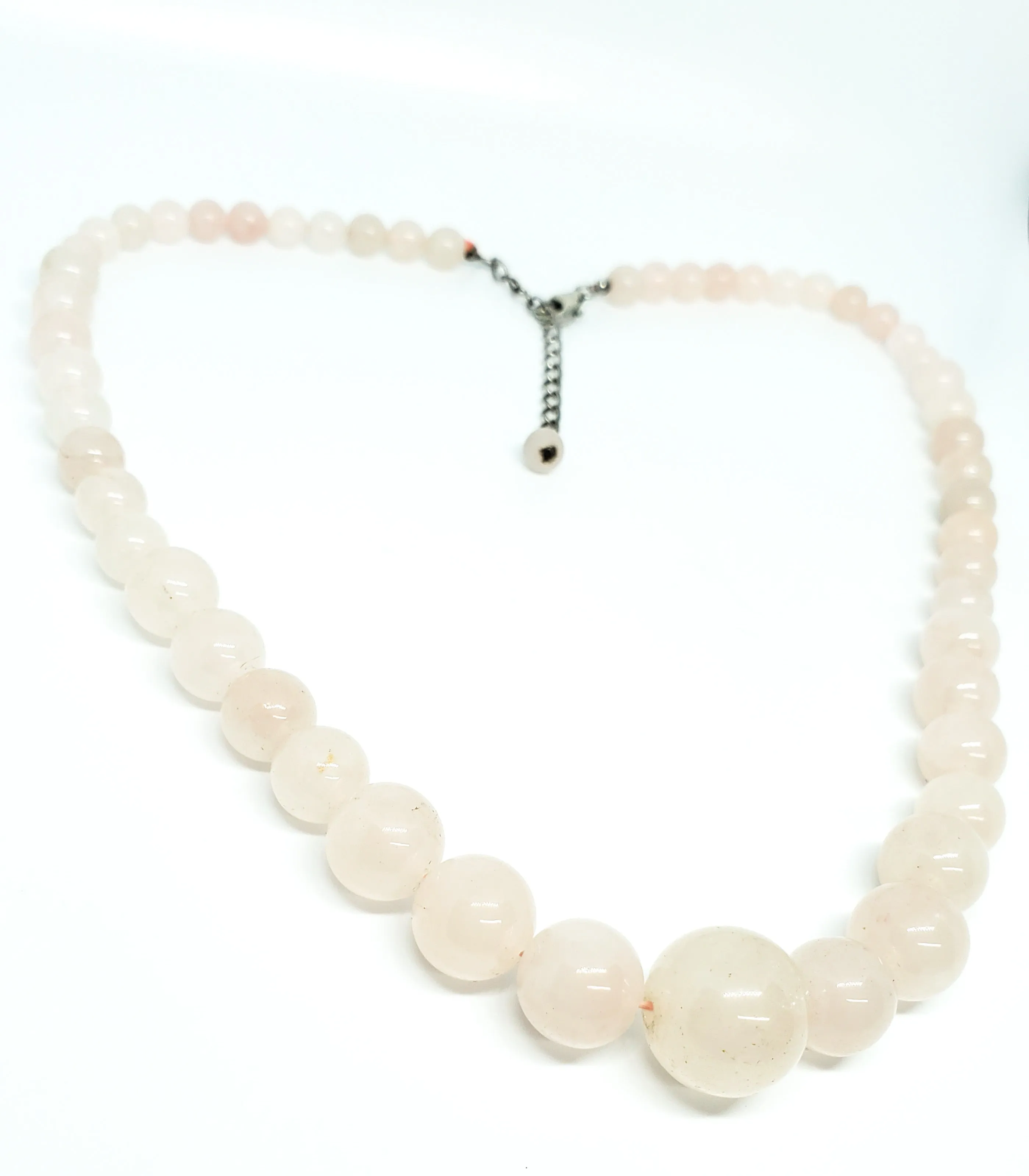 PZO Rose quartz natural gemstone graduated sterling silver beaded necklace 925