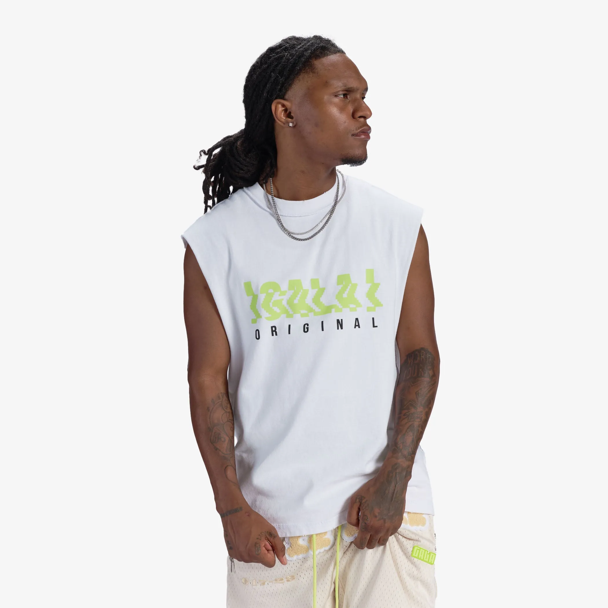 "Digital Dance" Cutoff Tee (white/lime)