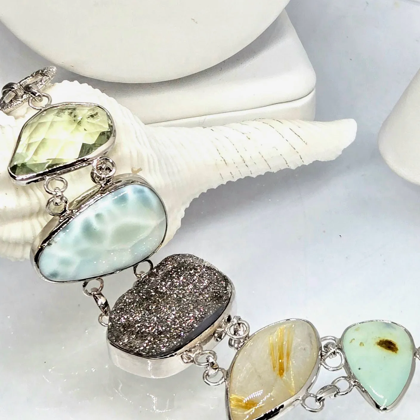 "Sea-Sparkles" 7" - 8" Bracelet - Prasiolite, Larimar, Druzy, Rutile Quartz, Prehnite, Anti-tarnish Sterling