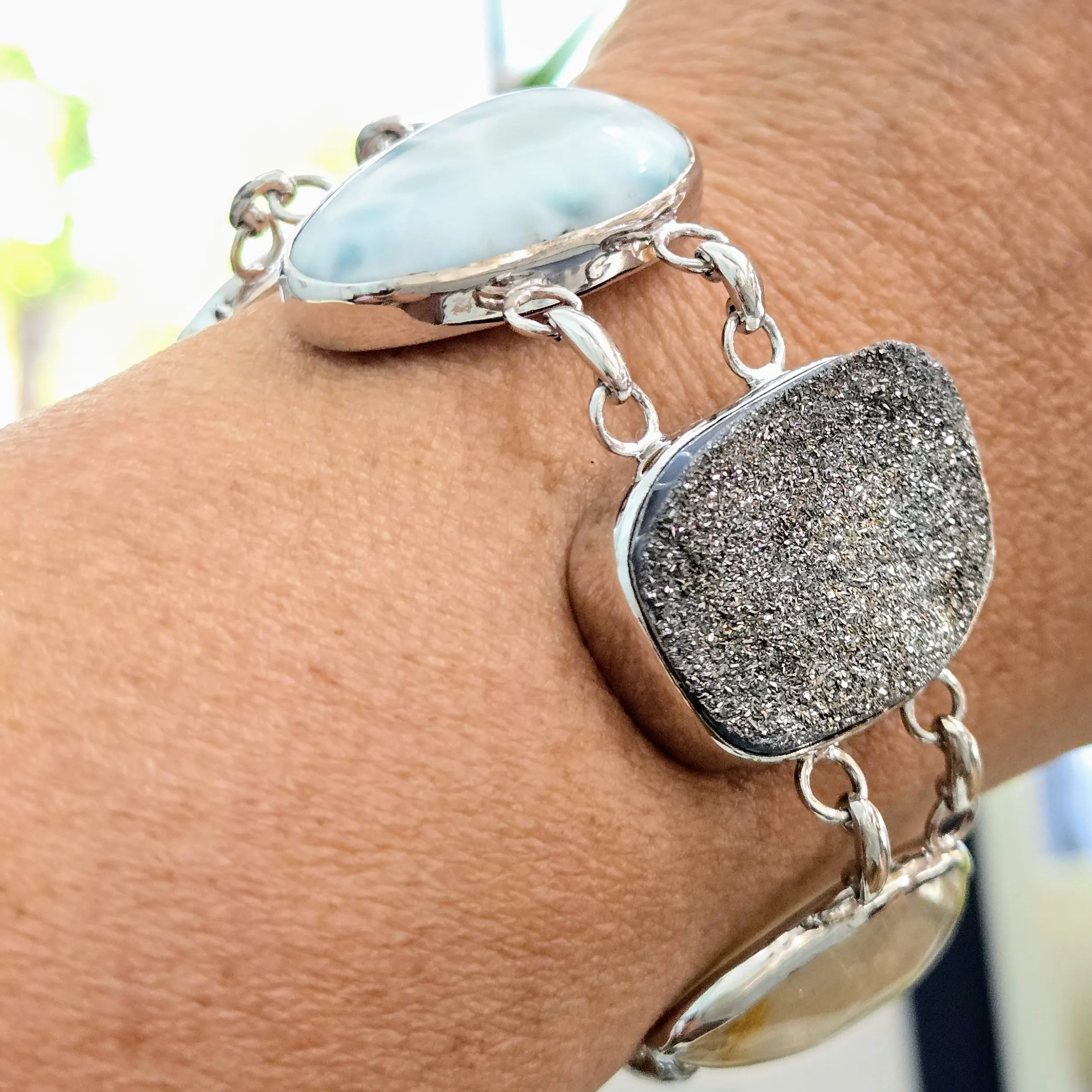 "Sea-Sparkles" 7" - 8" Bracelet - Prasiolite, Larimar, Druzy, Rutile Quartz, Prehnite, Anti-tarnish Sterling