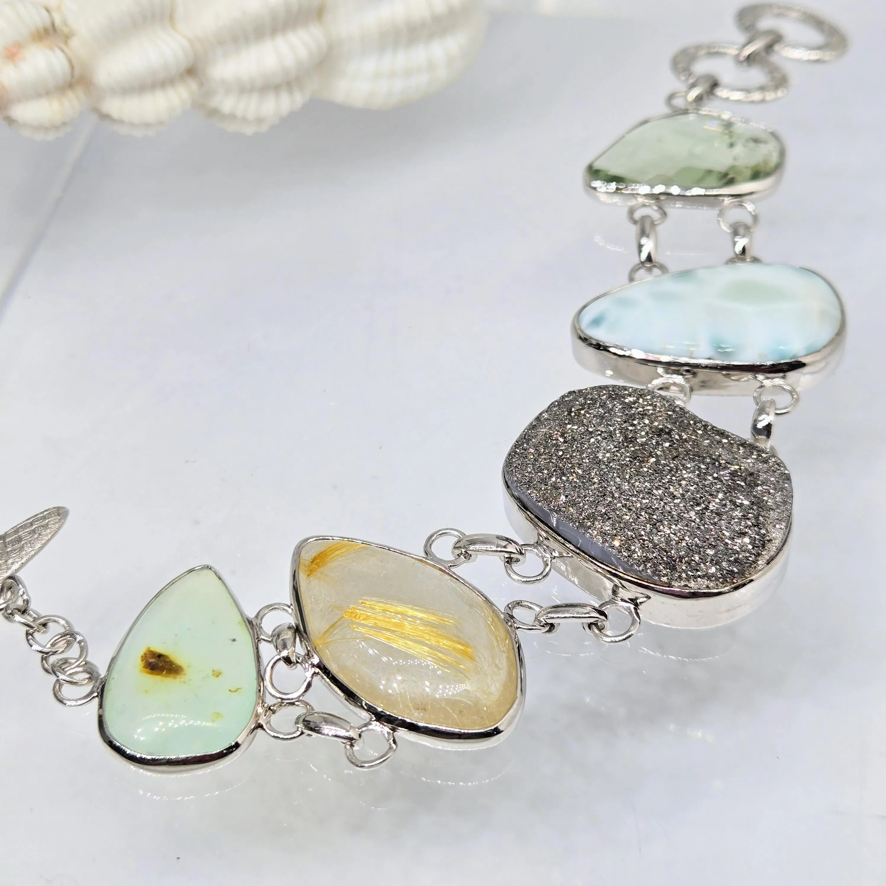 "Sea-Sparkles" 7" - 8" Bracelet - Prasiolite, Larimar, Druzy, Rutile Quartz, Prehnite, Anti-tarnish Sterling