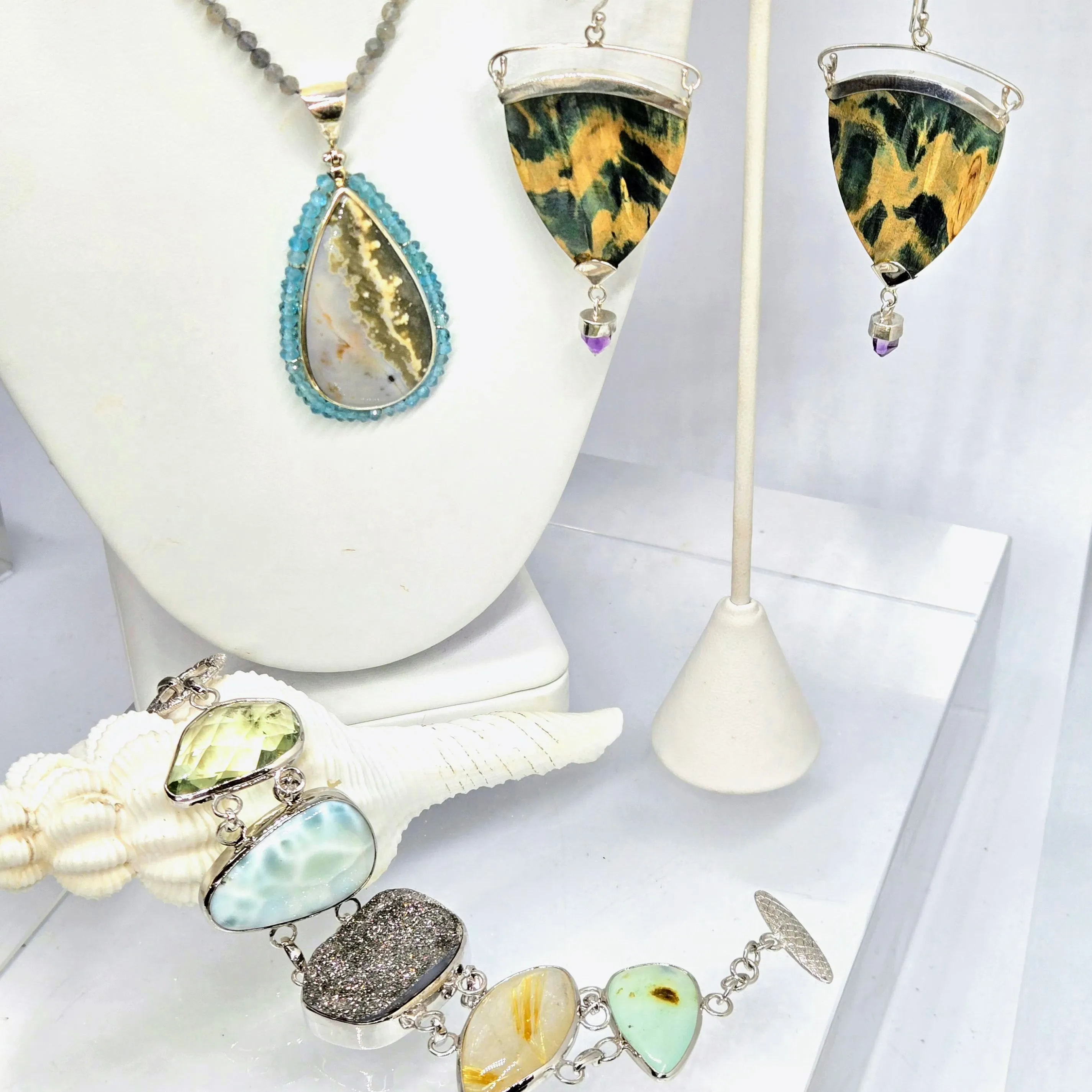 "Sea-Sparkles" 7" - 8" Bracelet - Prasiolite, Larimar, Druzy, Rutile Quartz, Prehnite, Anti-tarnish Sterling