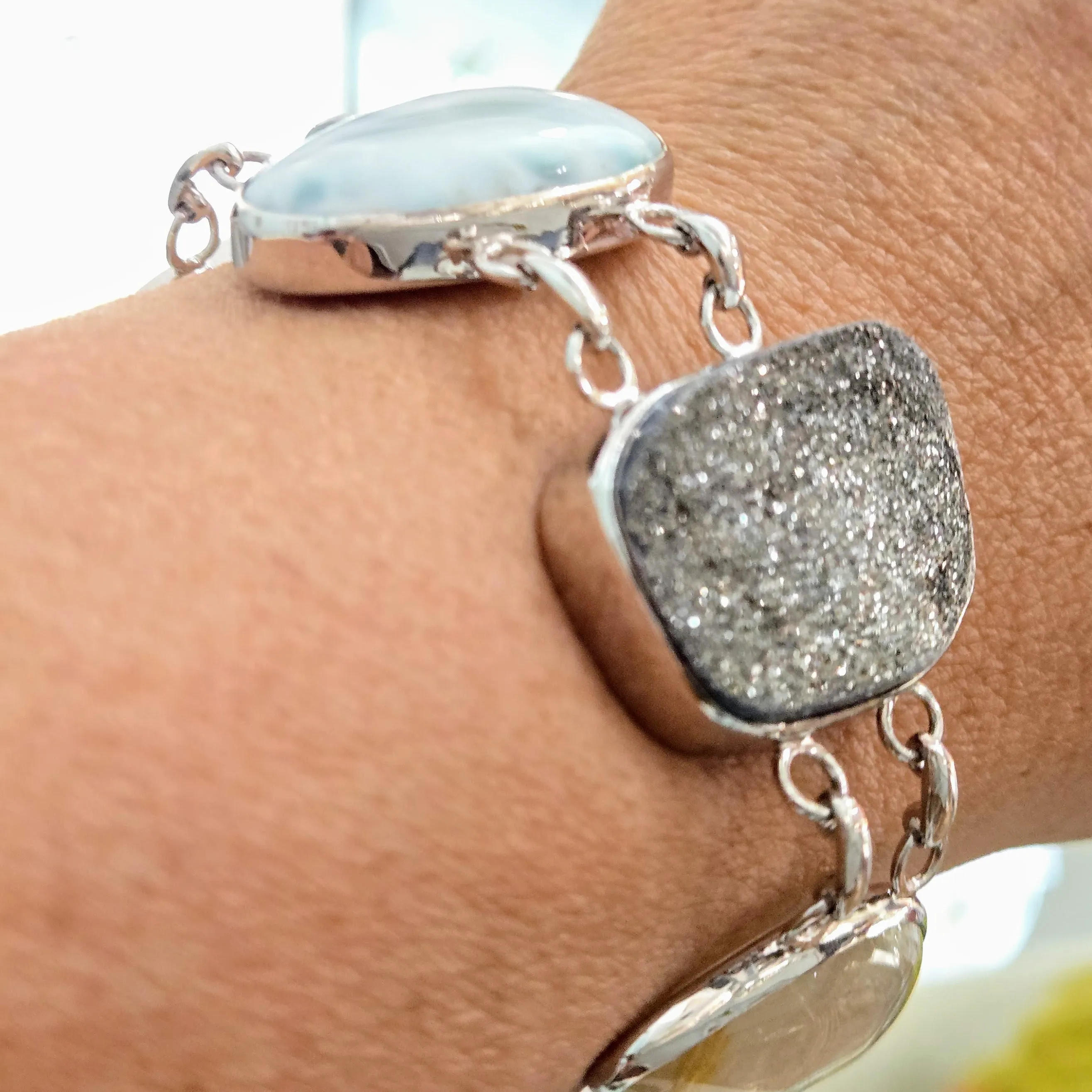 "Sea-Sparkles" 7" - 8" Bracelet - Prasiolite, Larimar, Druzy, Rutile Quartz, Prehnite, Anti-tarnish Sterling