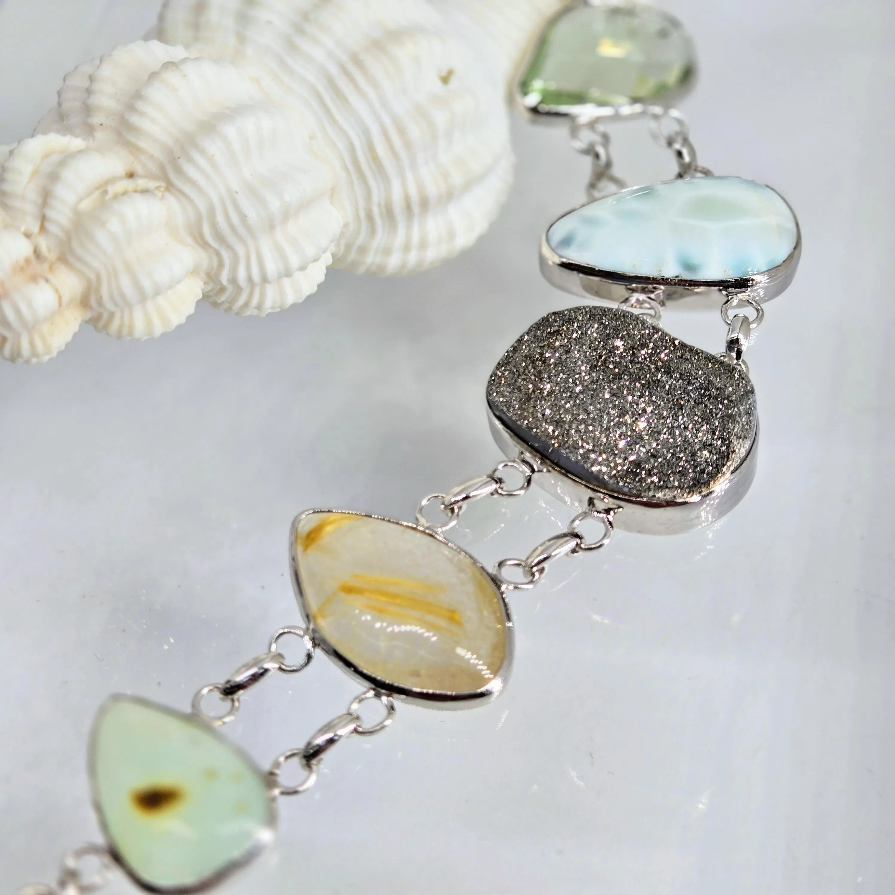 "Sea-Sparkles" 7" - 8" Bracelet - Prasiolite, Larimar, Druzy, Rutile Quartz, Prehnite, Anti-tarnish Sterling