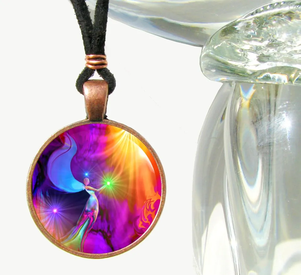 Rainbow Angel Art Necklace, Wearable Metaphysical Art Pendant - "The Gift"
