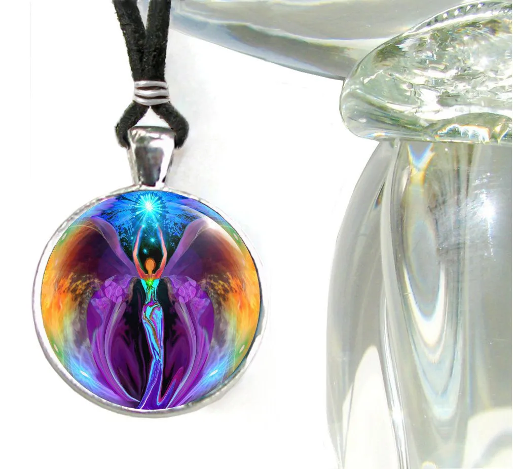 Rainbow Angel Necklace, Reiki Energy Pendant, Metaphysical Art - "Embrace Light"