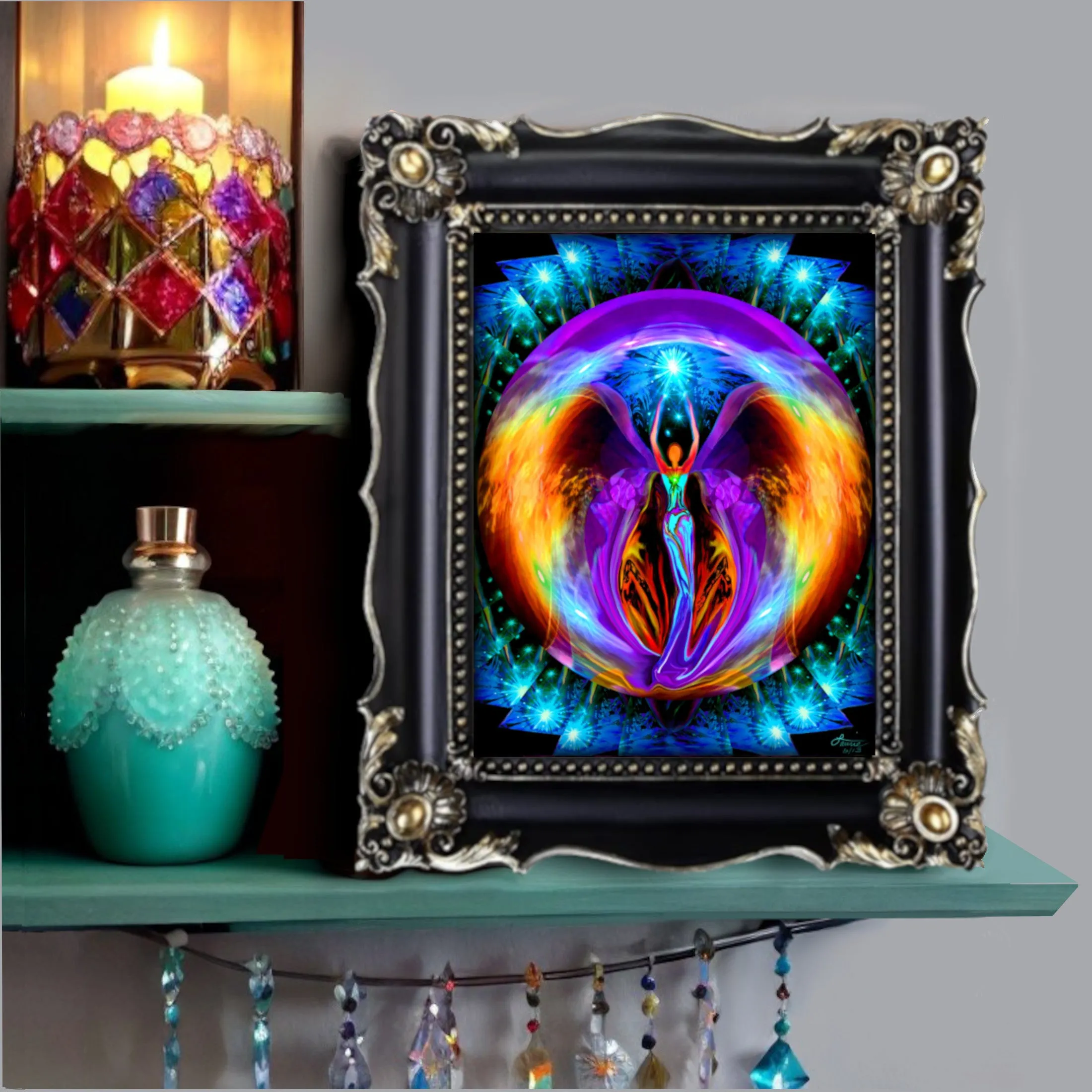 Rainbow Angel Print, Metaphysical Energy Artwork by Primal Painter, Symbolism and Meaning - "Embrace Light"