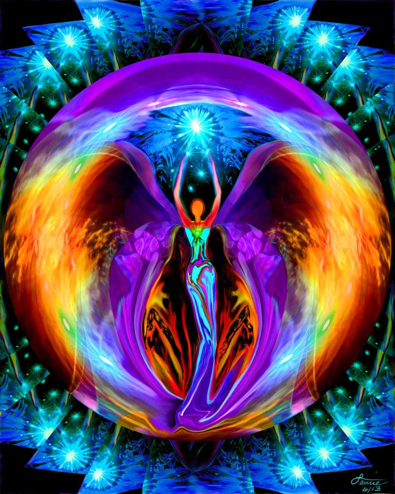 Rainbow Angel Print, Metaphysical Energy Artwork by Primal Painter, Symbolism and Meaning - "Embrace Light"