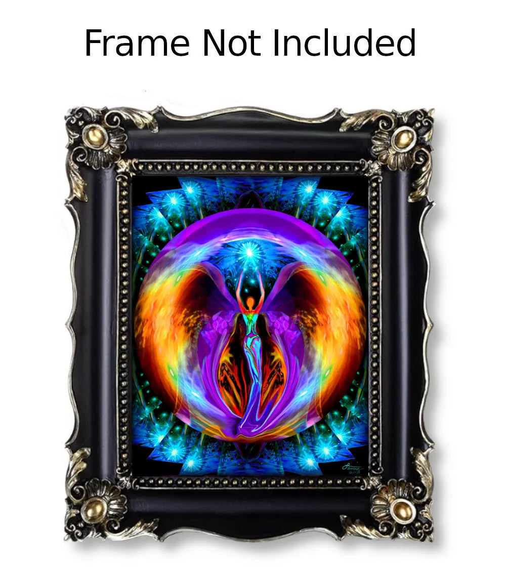 Rainbow Angel Print, Metaphysical Energy Artwork by Primal Painter, Symbolism and Meaning - "Embrace Light"