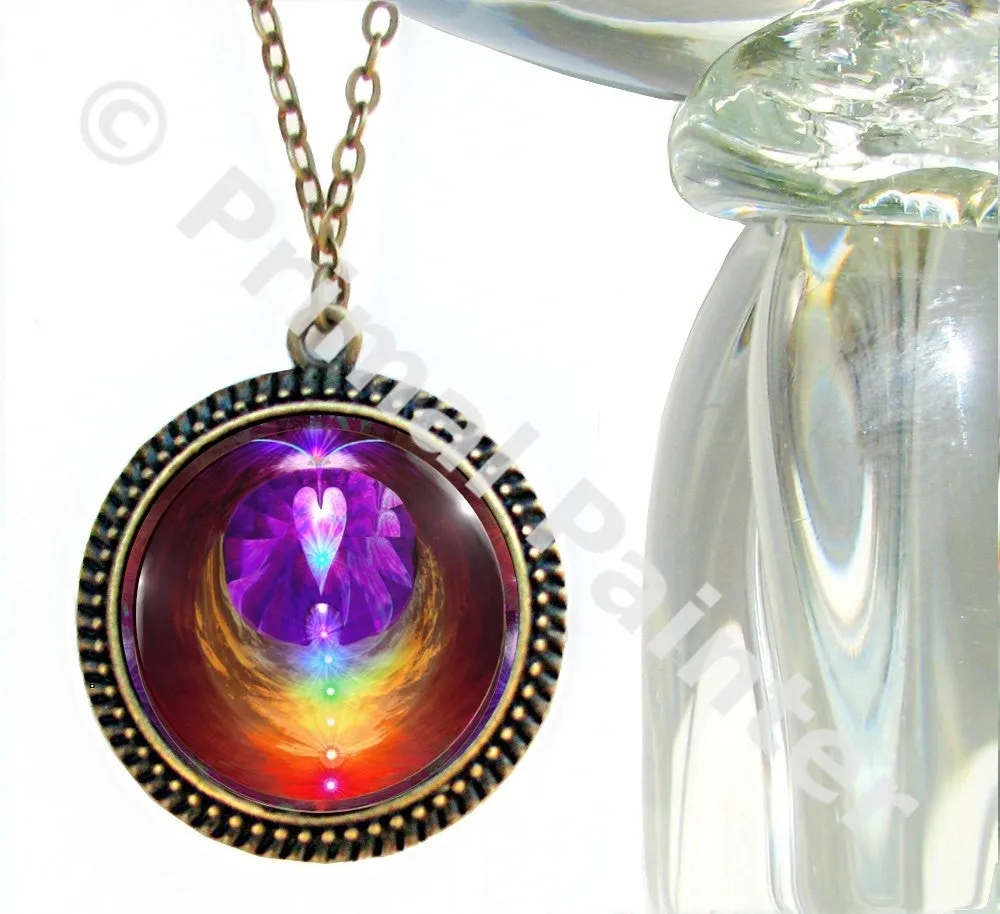 Rainbow Angel Wings Chakra Necklace, Energy Jewelry, Wearable Art - "Chakra Heart"