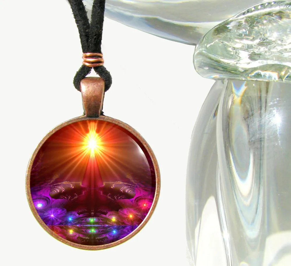 Rainbow Chakra Art Necklace, Metaphysical Symbolism, Original Art Print - "The Protector"