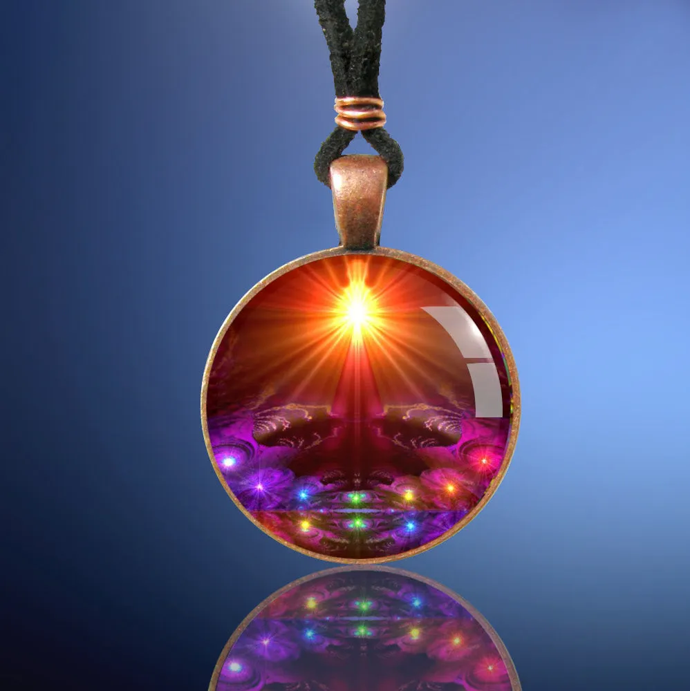 Rainbow Chakra Art Necklace, Metaphysical Symbolism, Original Art Print - "The Protector"