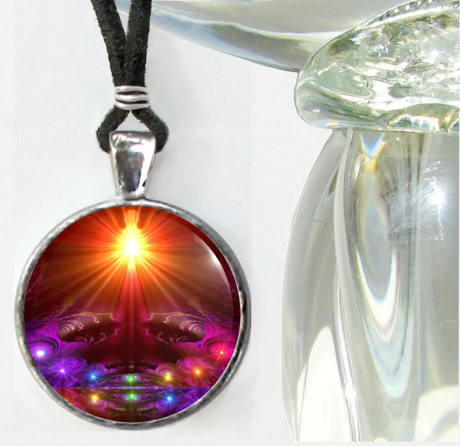 Rainbow Chakra Art Necklace, Metaphysical Symbolism, Original Art Print - "The Protector"