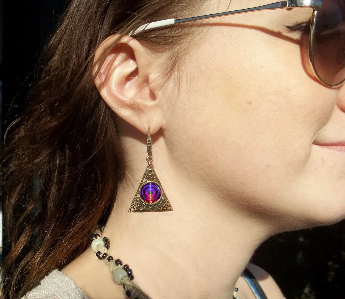 Rainbow Chakra Earrings, Positive Energy Pyramid Shape, Wearable Art - "Chakra Alignment"