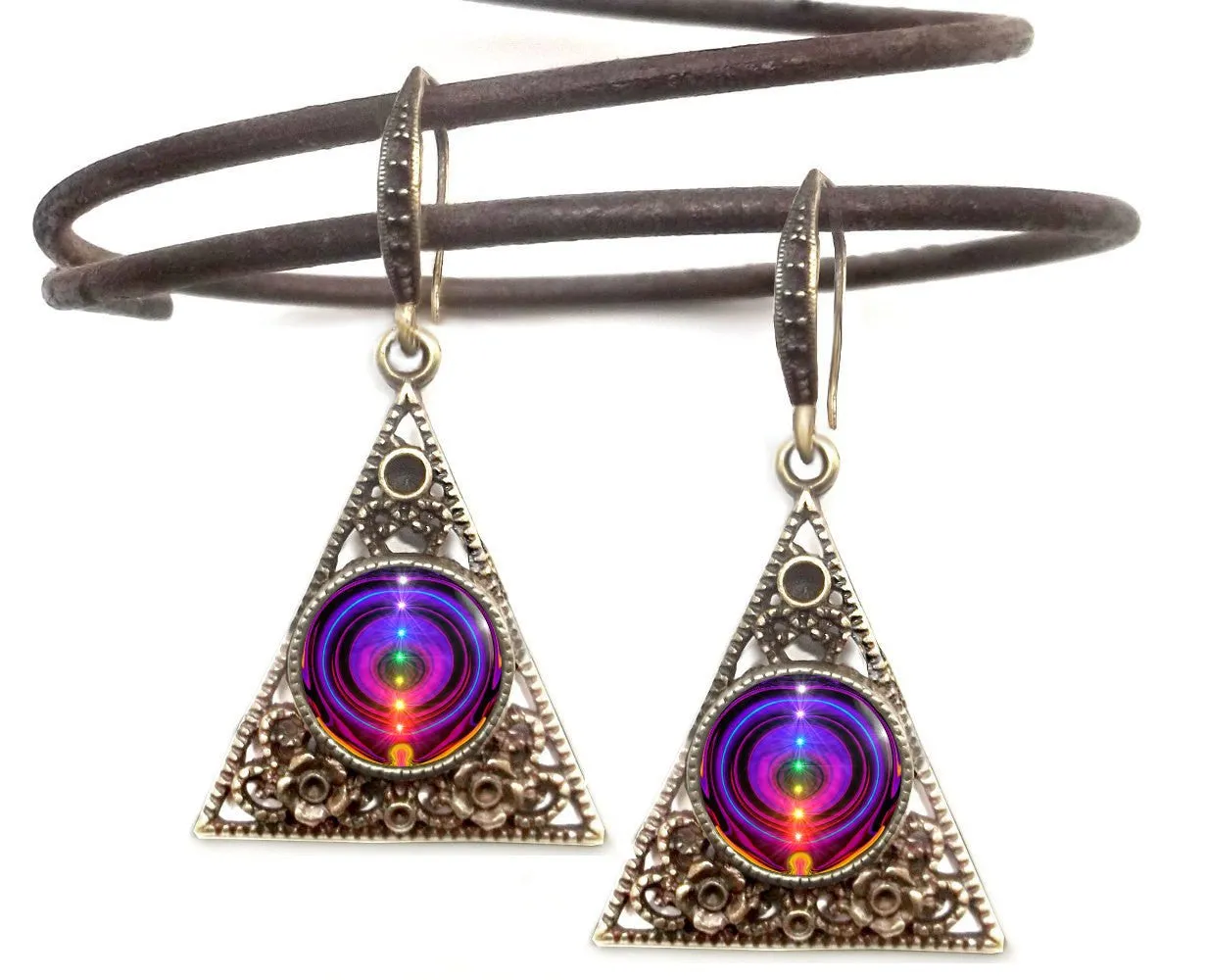 Rainbow Chakra Earrings, Positive Energy Pyramid Shape, Wearable Art - "Chakra Alignment"