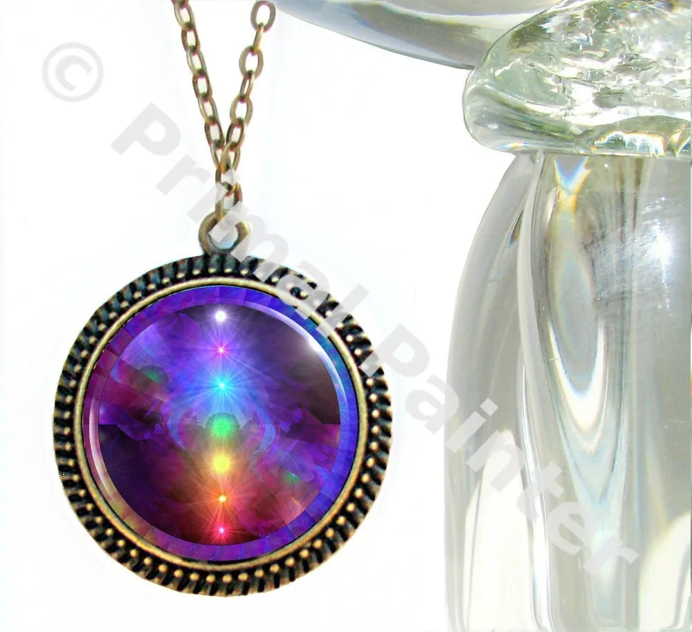 Rainbow Chakra Necklace, Energy Art Jewelry, Visionary Artwork Pendant - "Chakra Healing"