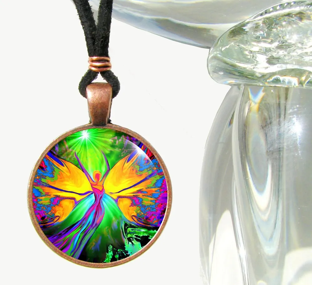 Rainbow Fairy Art Necklace, Reiki Energy Pendant, Metaphysical Chakra Artwork - "From Dark to Light"