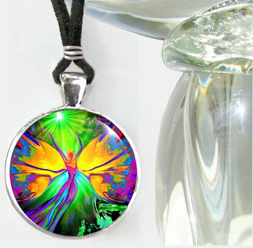 Rainbow Fairy Art Necklace, Reiki Energy Pendant, Metaphysical Chakra Artwork - "From Dark to Light"