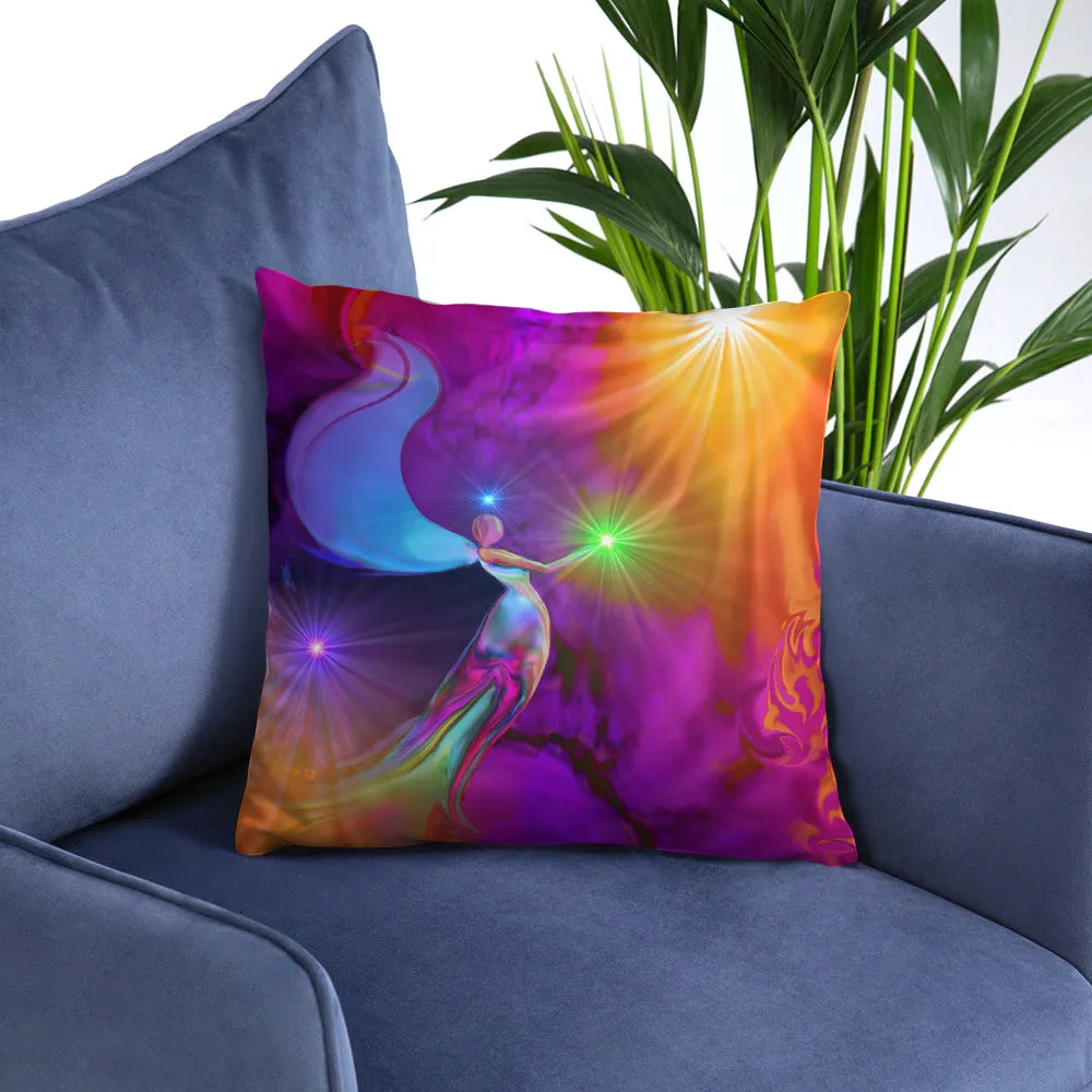 Rainbow Fairy Art Throw Pillow, Colorful Soft Home Decor, Uplifting Energy Art Pillowcase- "The Gift"