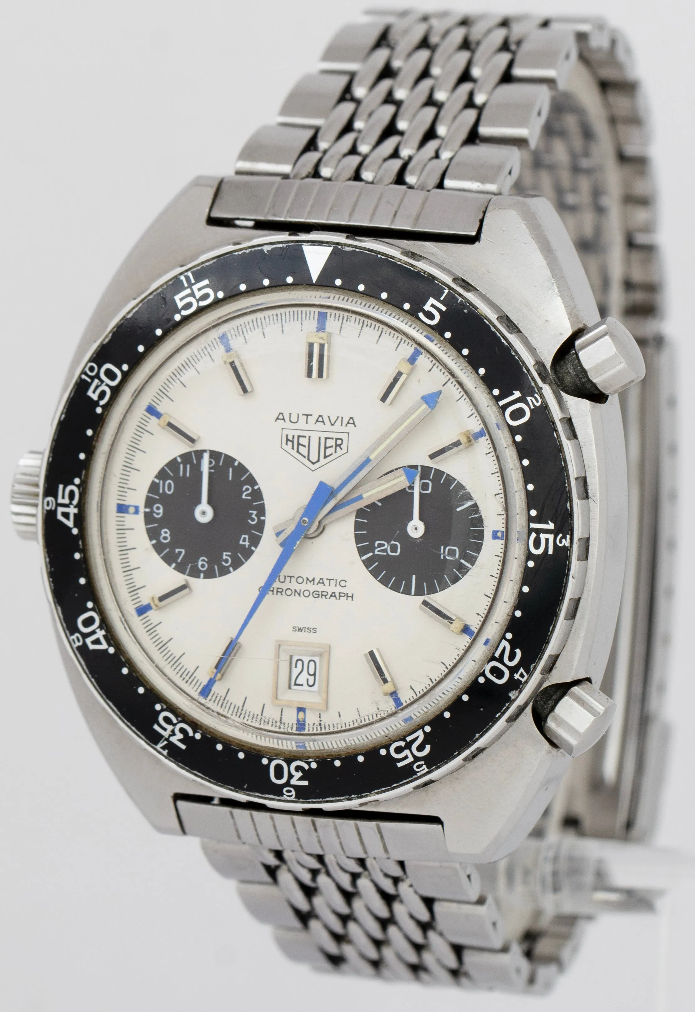 RARE 1971 Vintage Heuer Autavia Jo Siffert White Chronograph 42mm Steel 1163 B P