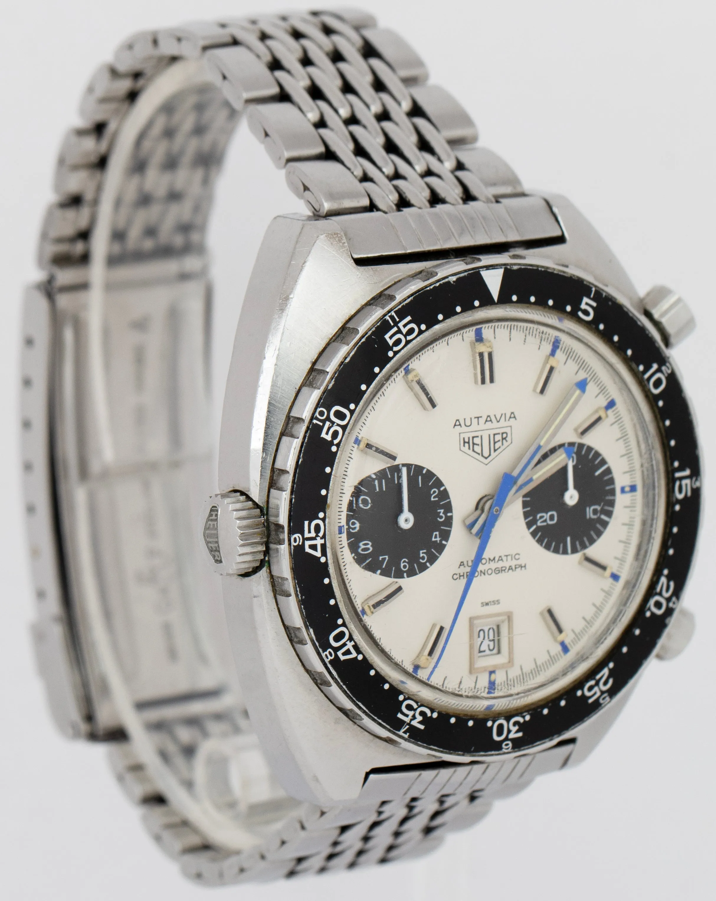 RARE 1971 Vintage Heuer Autavia Jo Siffert White Chronograph 42mm Steel 1163 B P