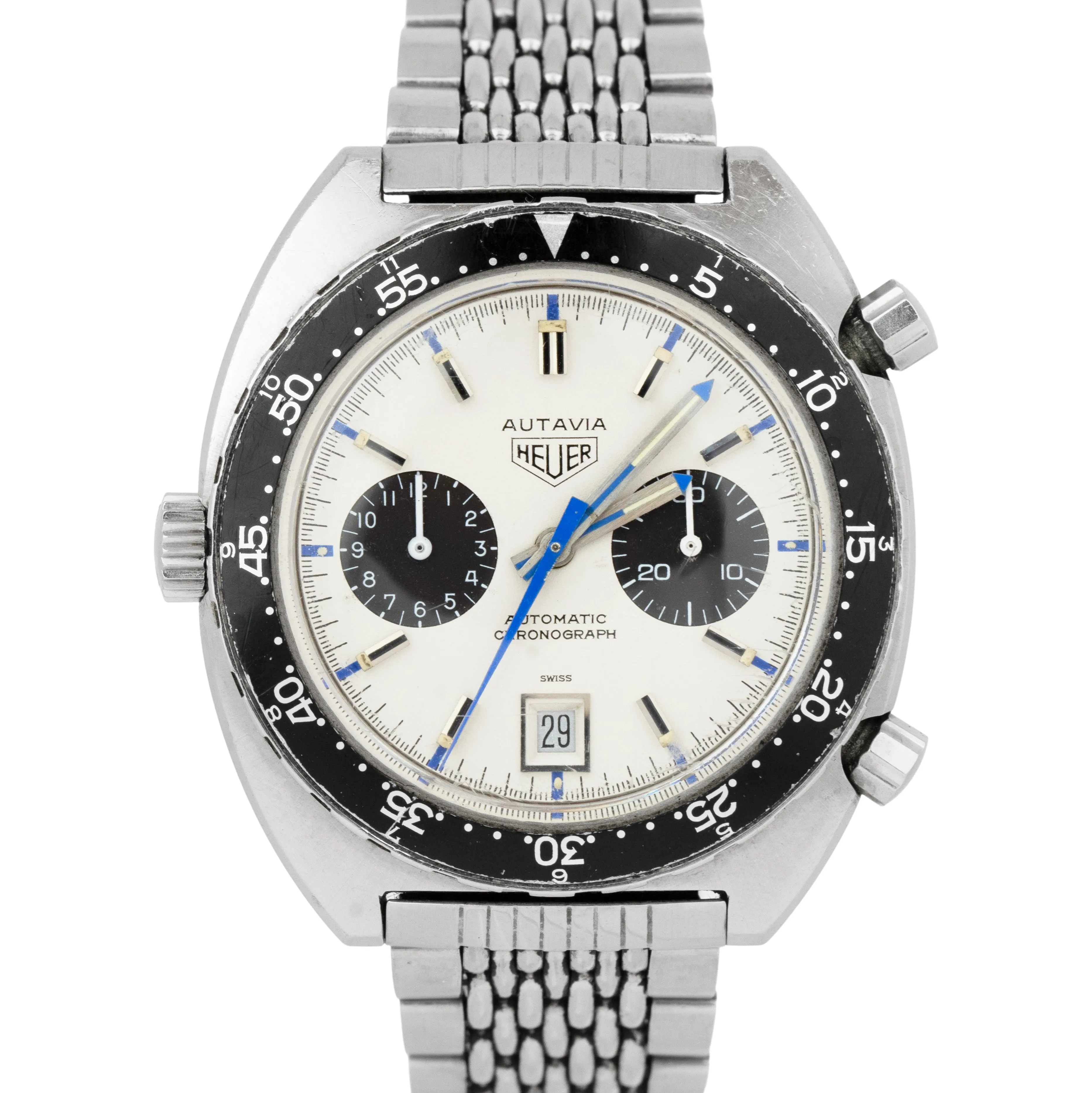 RARE 1971 Vintage Heuer Autavia Jo Siffert White Chronograph 42mm Steel 1163 B P