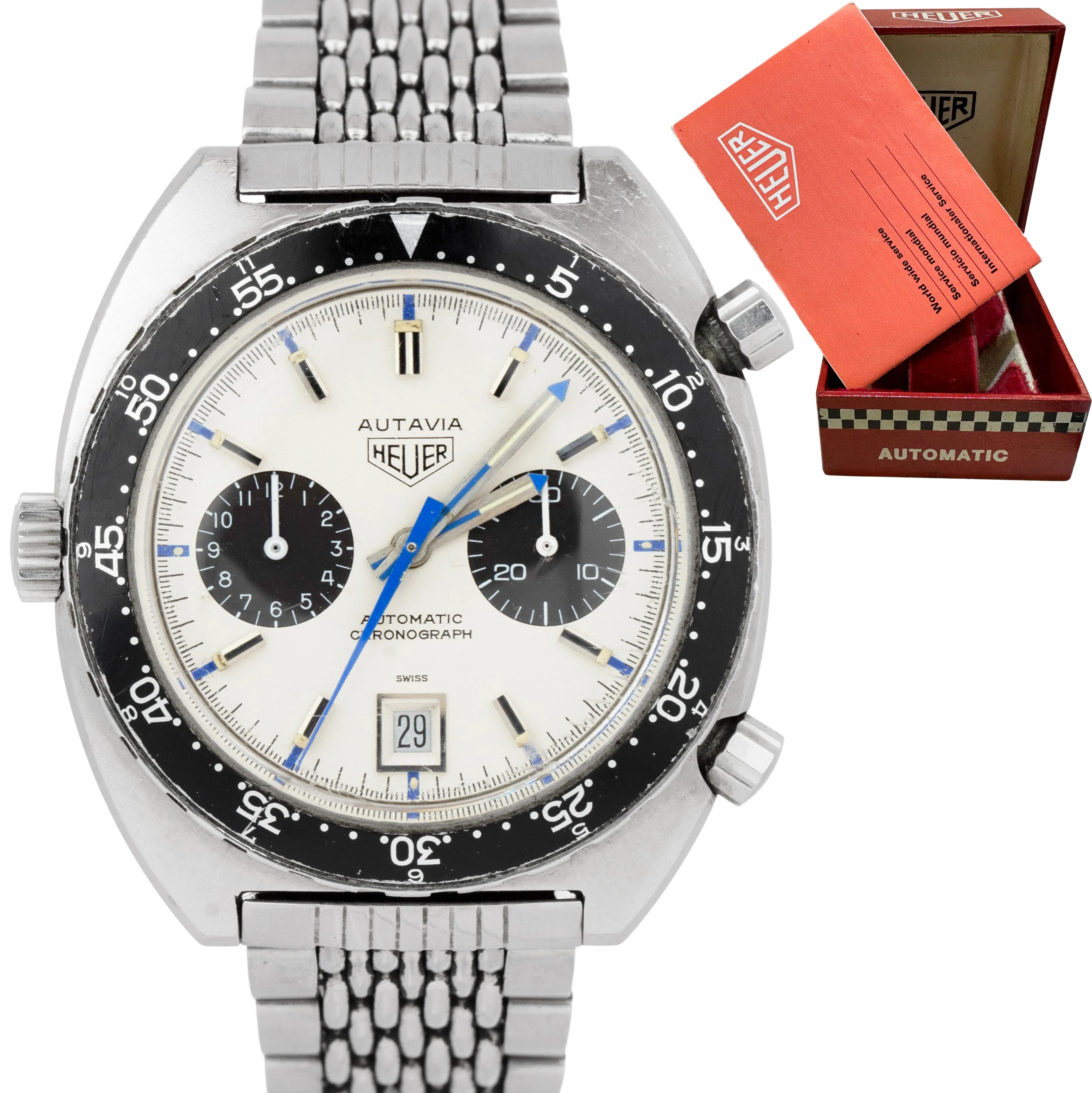 RARE 1971 Vintage Heuer Autavia Jo Siffert White Chronograph 42mm Steel 1163 B P