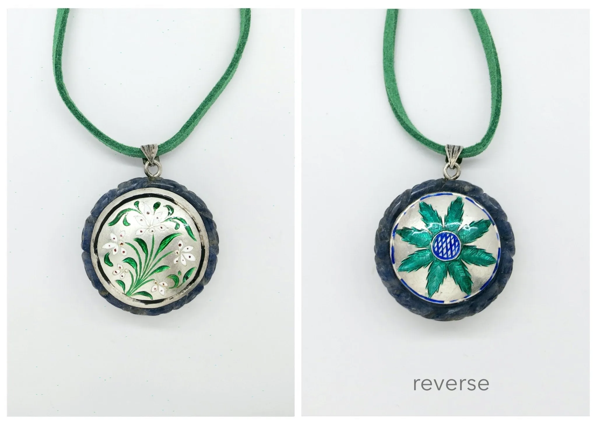 Rare, collectible, reversible carved gemstone pendants with fine enamel work (bigger)