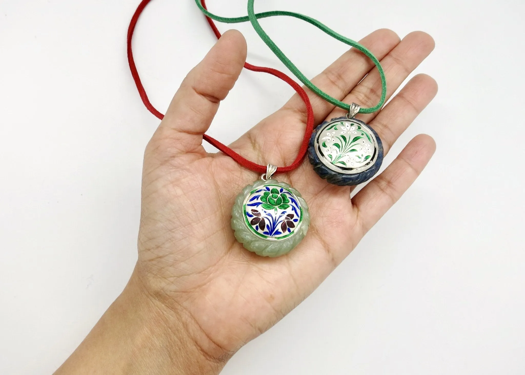 Rare, collectible, reversible carved gemstone pendants with fine enamel work (bigger)
